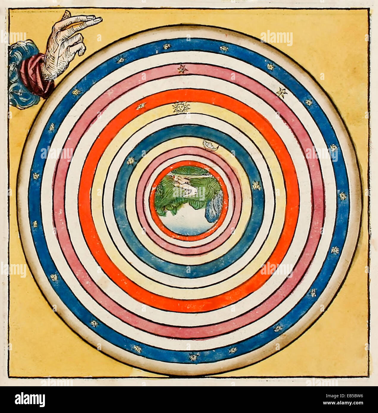 Creation, the 4th day, God creates all the stars and heavenly bodies. From 'Nuremberg Chronicle' or 'Liber Chronicarum' by Hartmann Schedel (1440-1514). See description for more information. Stock Photo