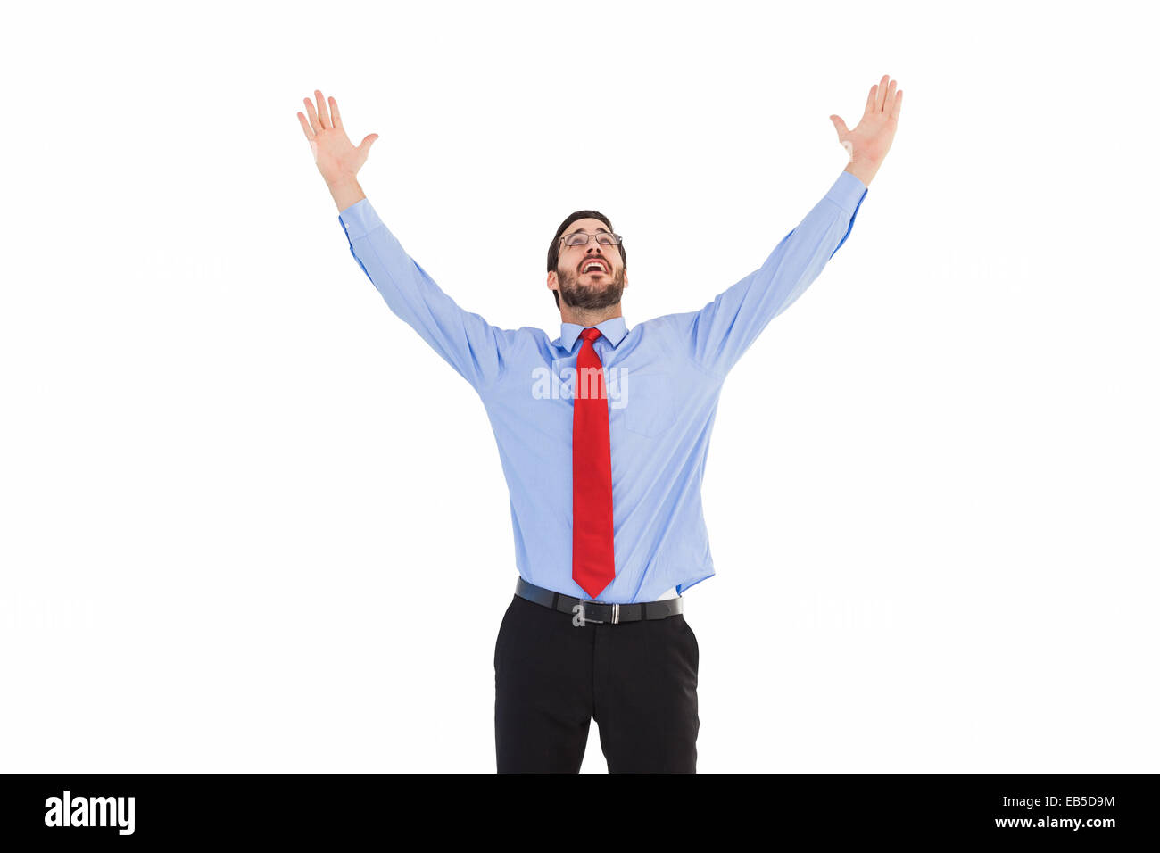 Happy cheering businessman raising his arms Stock Photo - Alamy