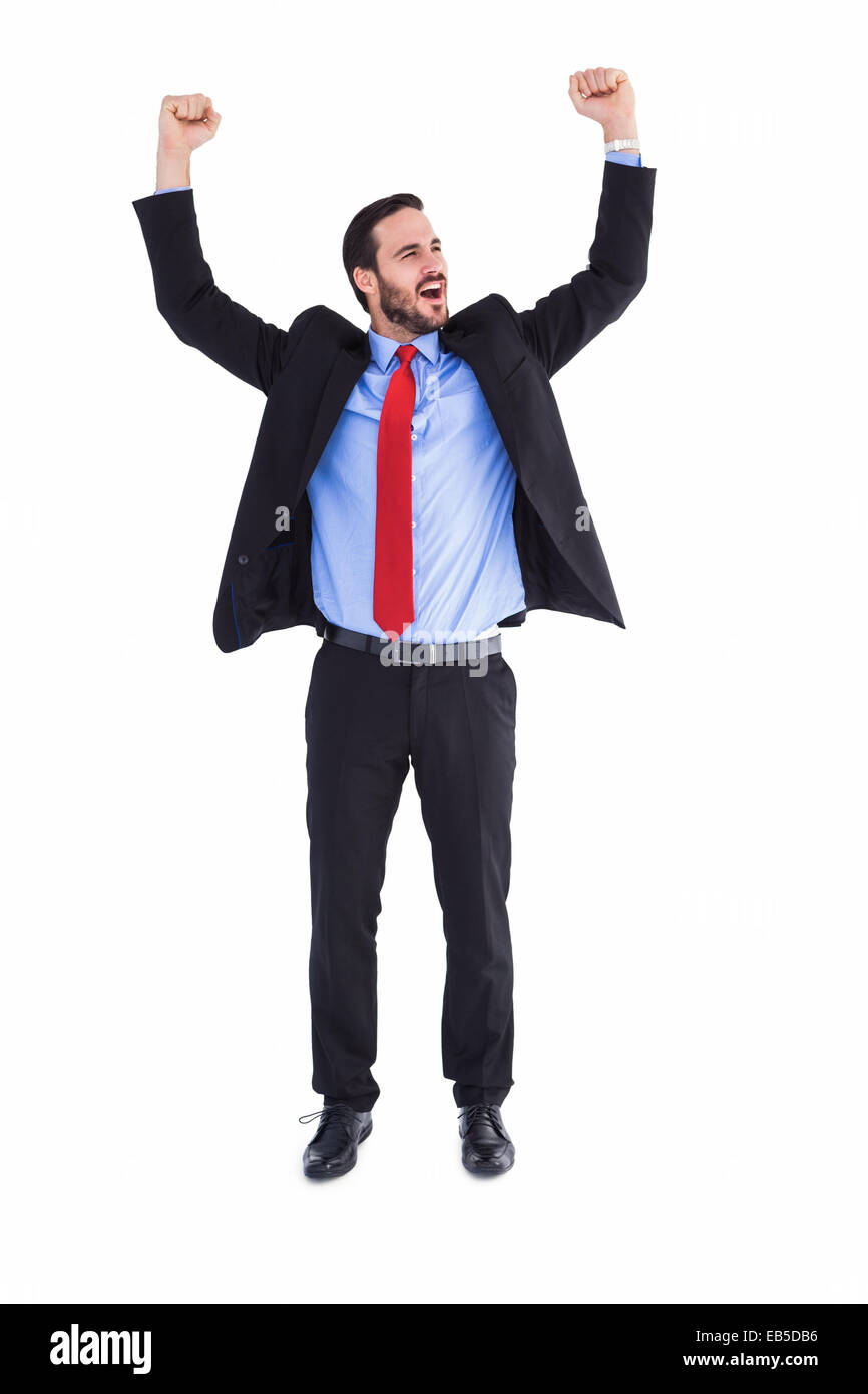 Happy cheering businessman raising his arms Stock Photo - Alamy
