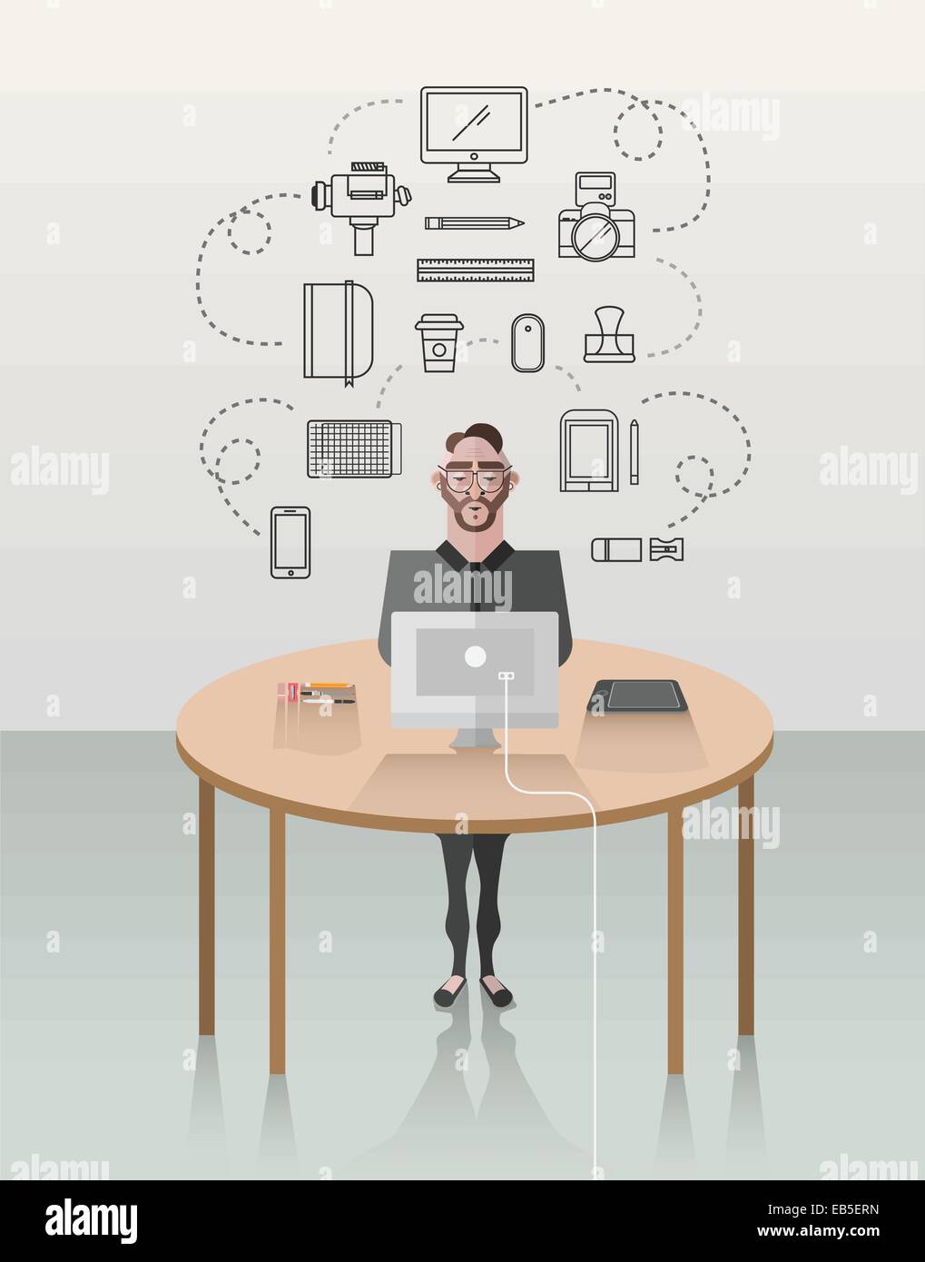 Hipster businessman working at his desk vector Stock Vector