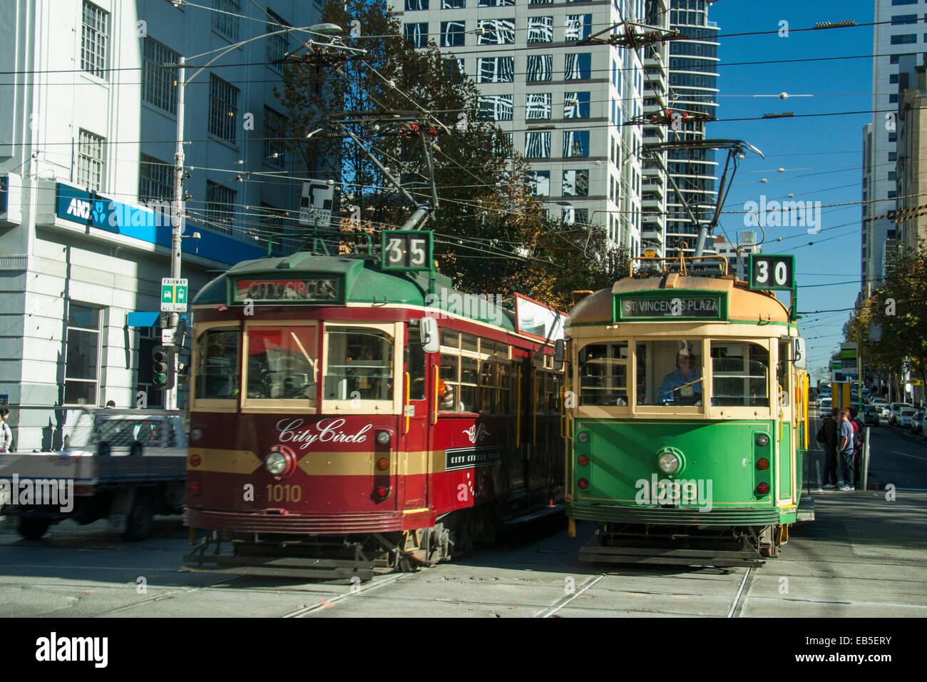 Melbourne street trolley buses and trams, Australia Stock Photo