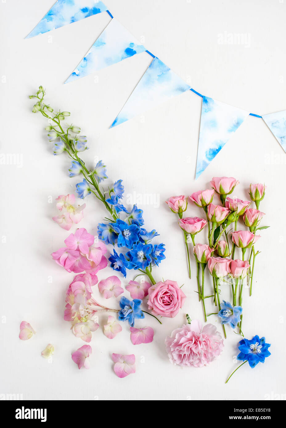 blue delphinium and pink roses, carnation and hydrangea, and bunting on white backdrop Stock Photo