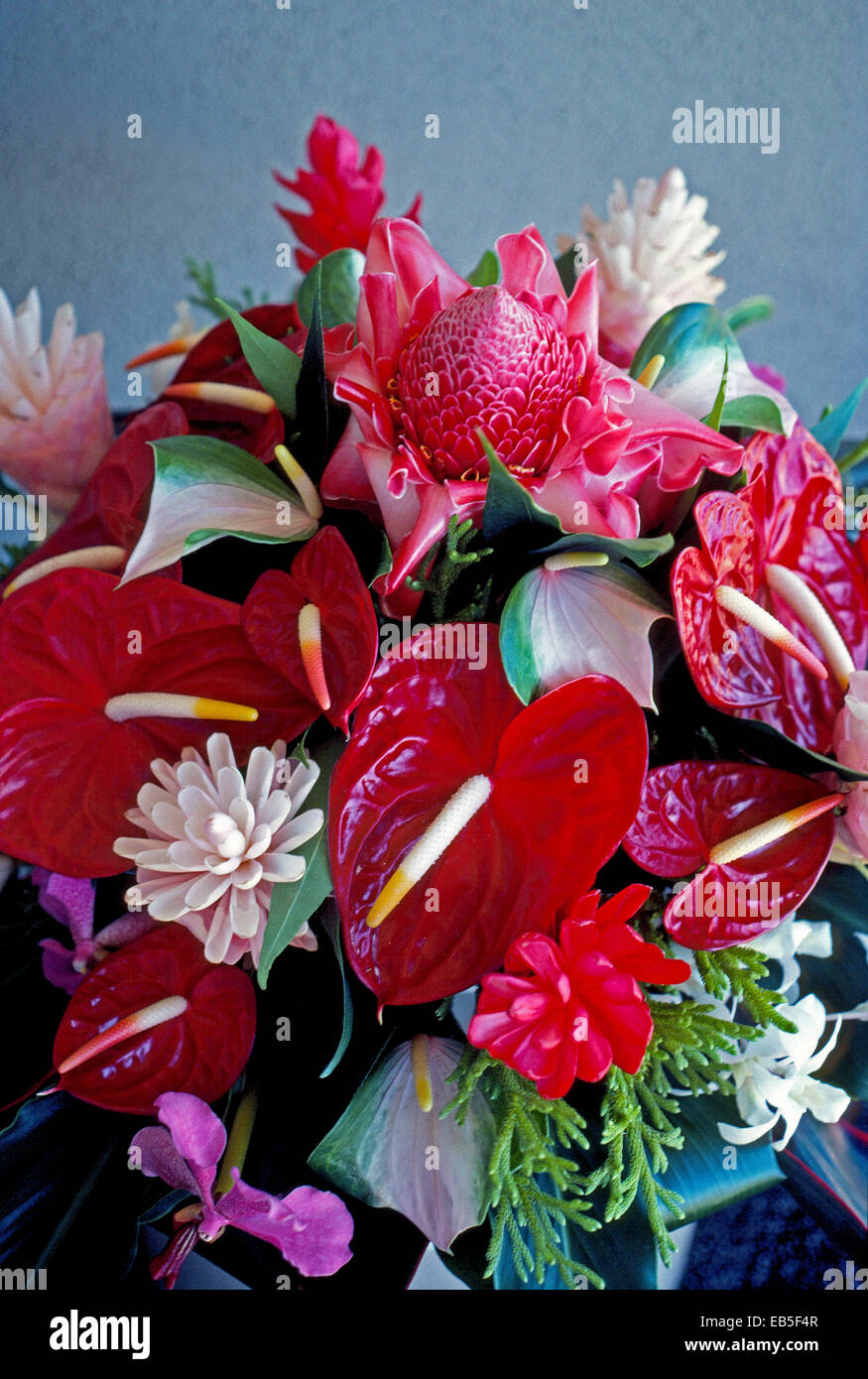 This bouquet created in Hawaii, USA, features some favorite flowers of