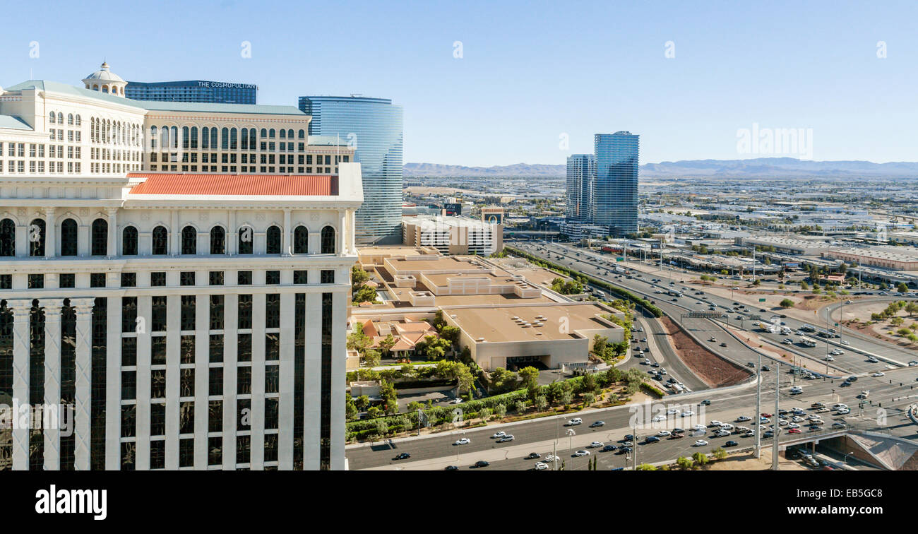 A view of Las Vegas, Route 15 South and the Mountains in the distance. Stock Photo