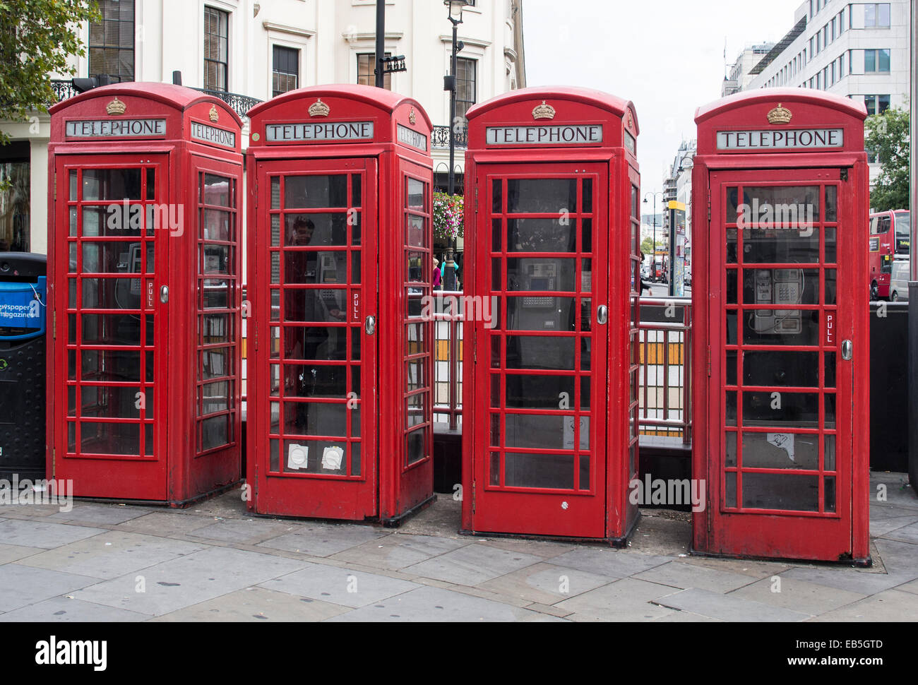 Row of Four Red Telephone Boxes in London UK Stock Photo Alamy