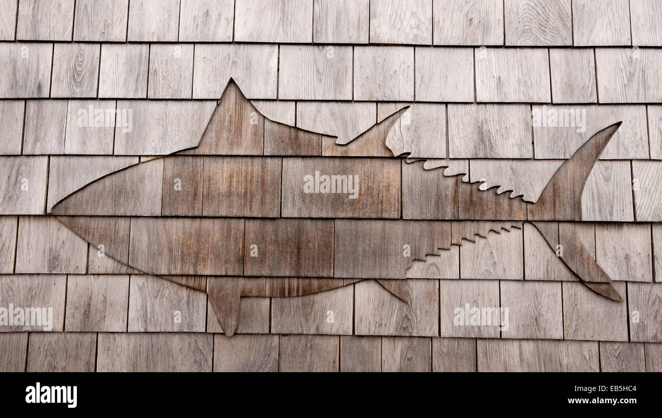 Fish outline on a shingled wall. Stock Photo