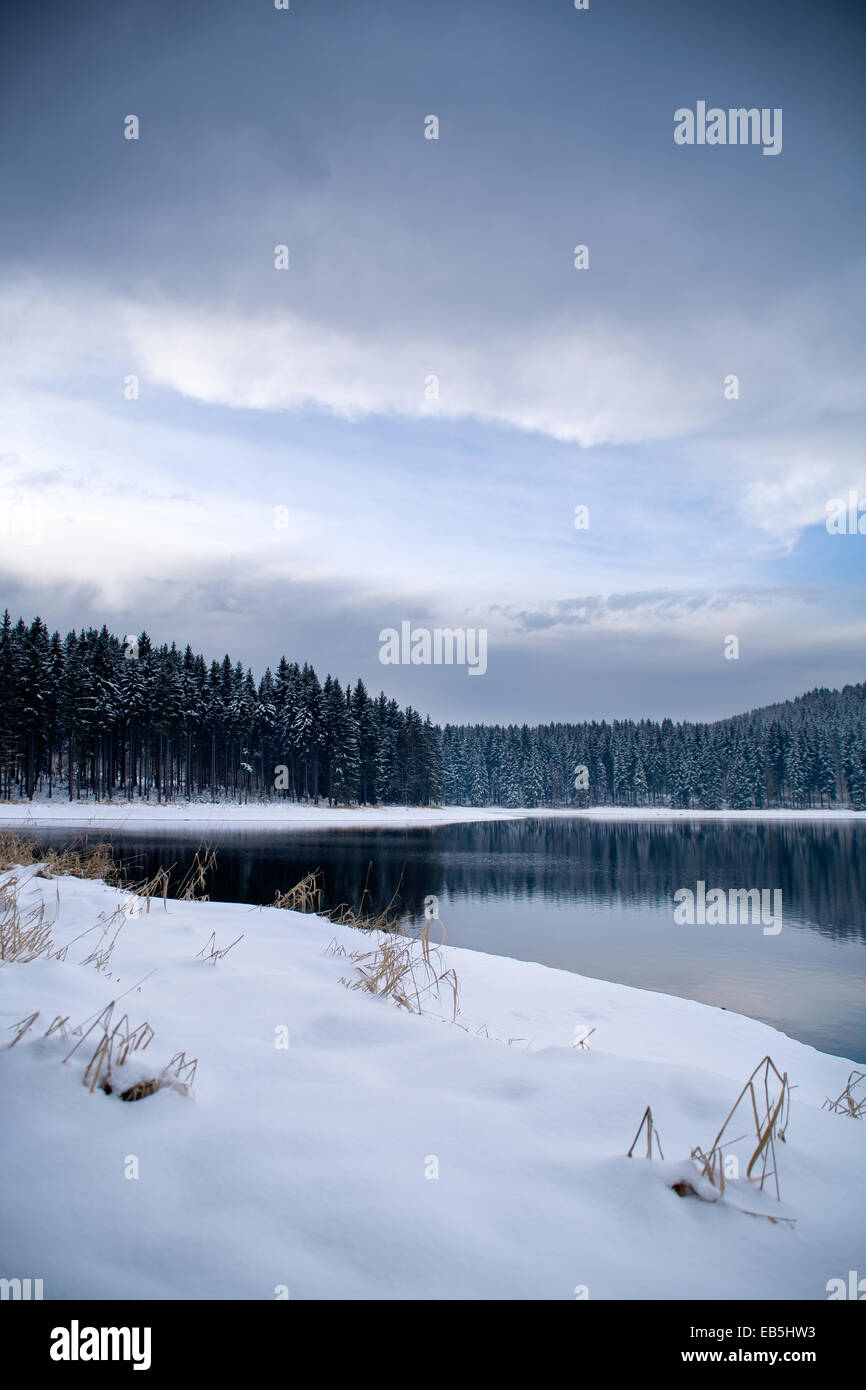 A Lake and Wintry forest early in the morning Stock Photo