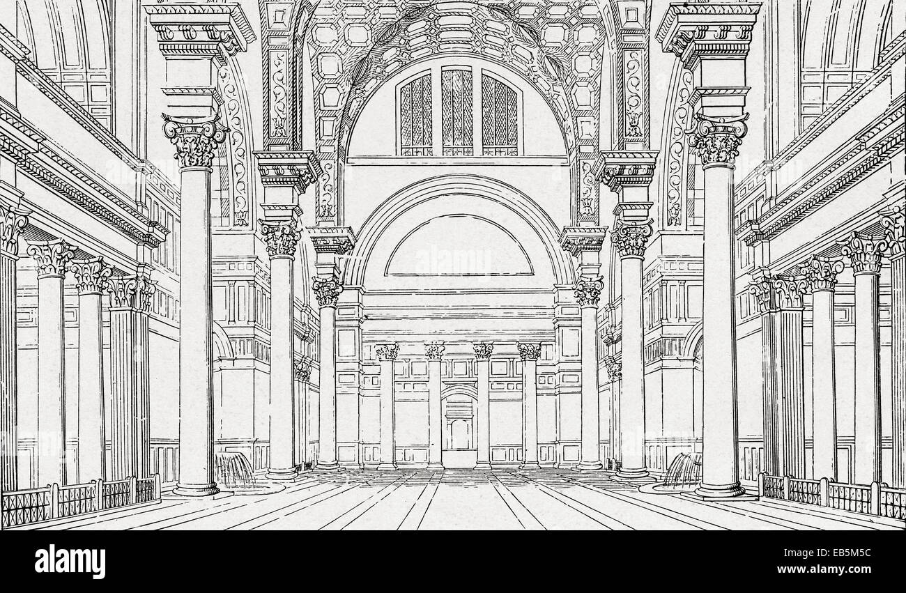 A 19th century reconstructive drawing of the main hall of the Baths of Caracalla,Rome, Italy, based on floor plan of ruins. Stock Photo