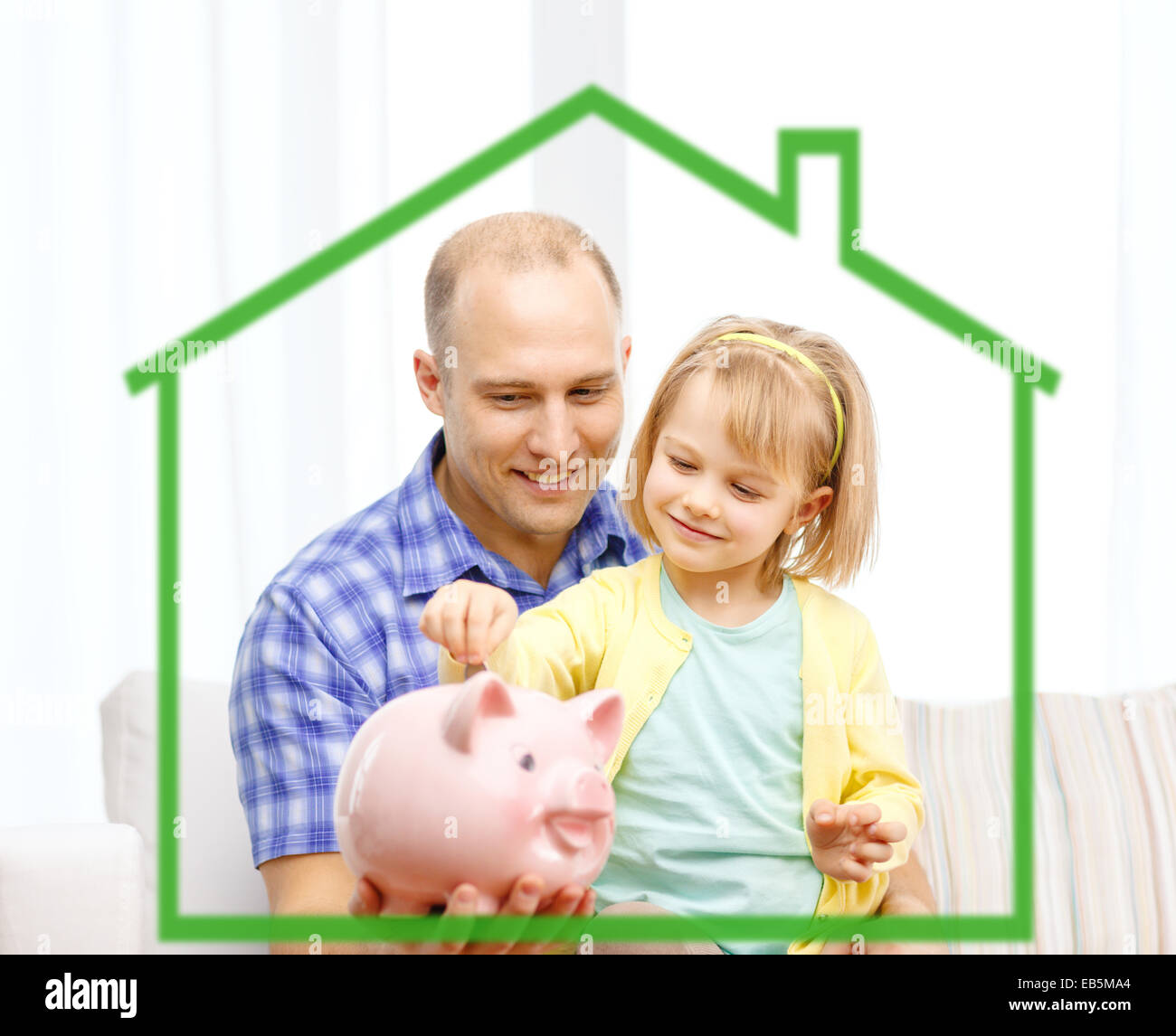 happy father and daughter with big piggy bank Stock Photo - Alamy