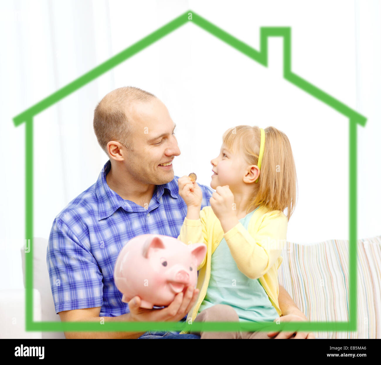 happy father and daughter with big piggy bank Stock Photo - Alamy