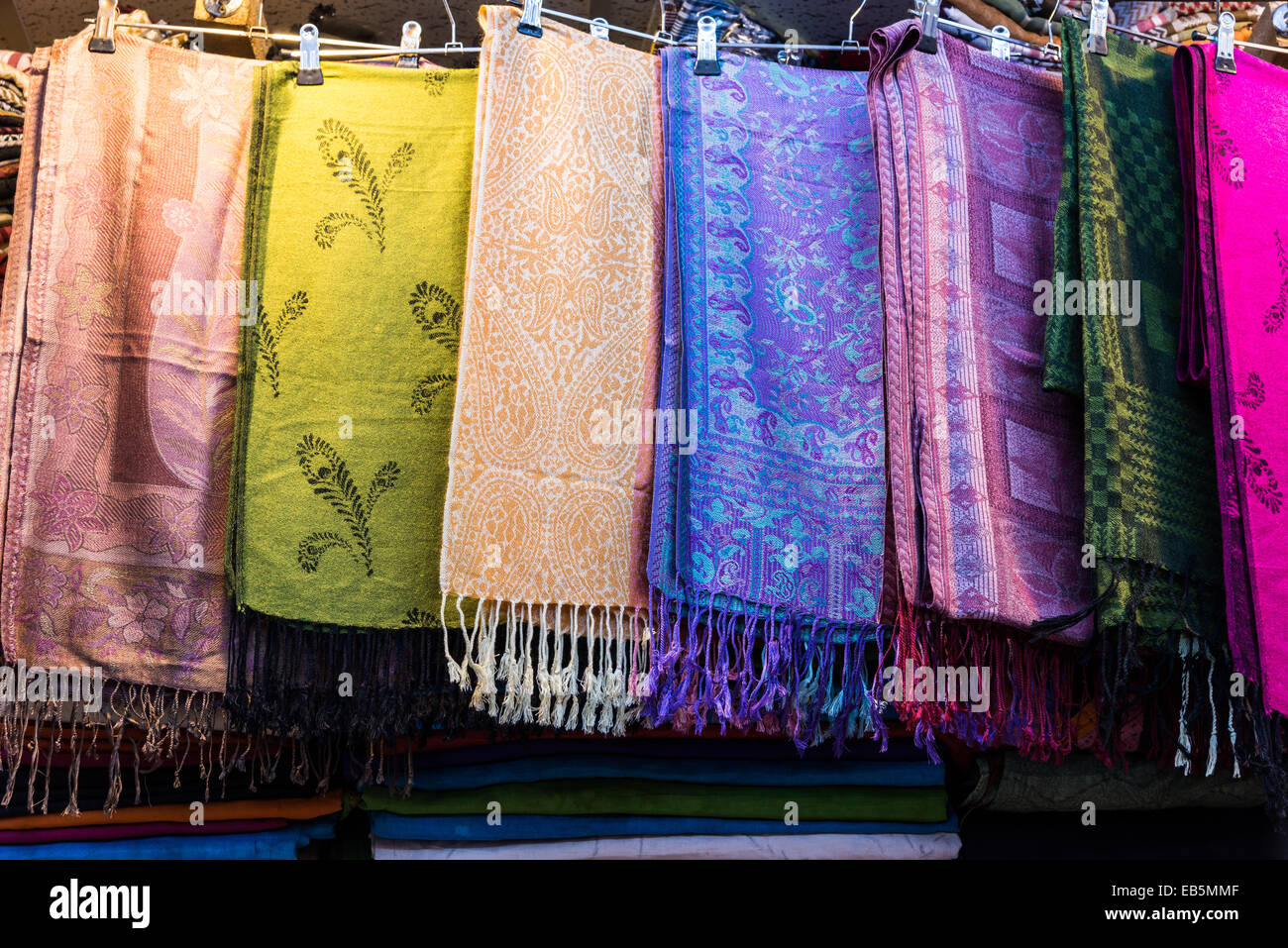 Colorful shawls in a store at the Souq Muttrah, Muscat, Oman. Stock Photo