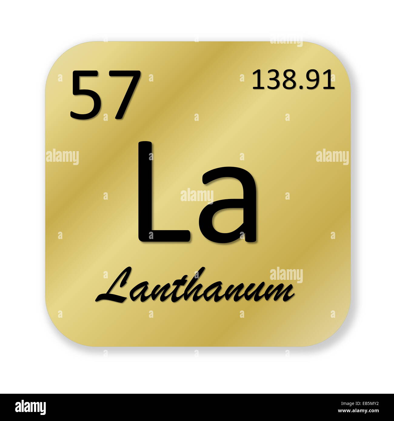 Black lanthanum element into golden square shape isolated in white background Stock Photo