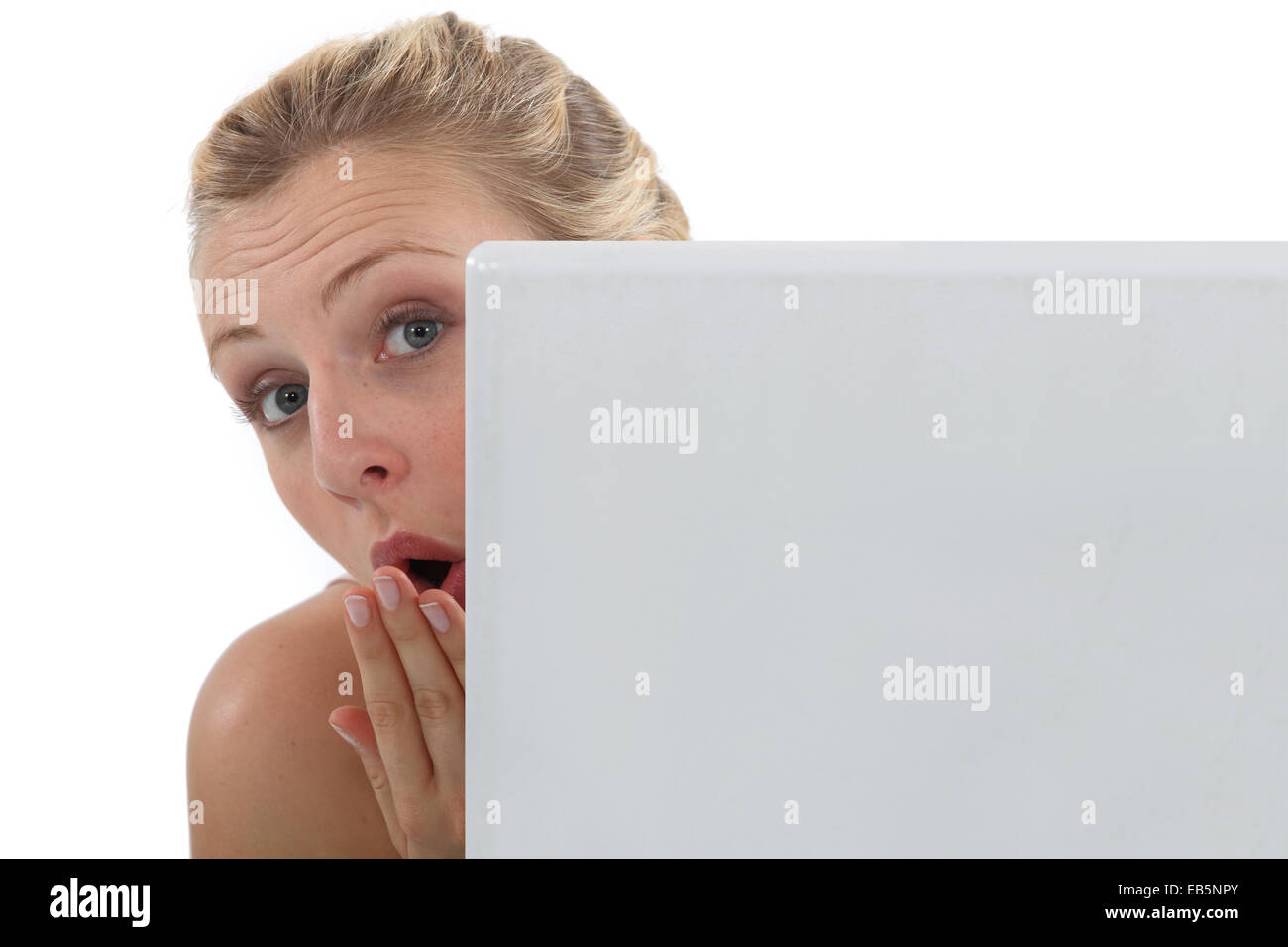 Woman Head Over Computer Screen Eyes peeking from laptop hi-res stock photography and images - Alamy