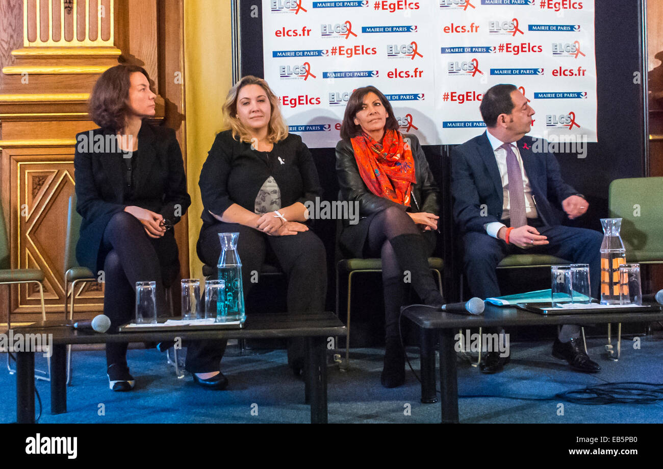 Paris, France. World AIDS Day, Paris Mayor Anne Hidalgo, and Meeting of NGO, Elus Locaux Contre le SIDA, '2014 Paris Declaration' panel of speakers 'aids getting to Zero' women politics, woman politician Stock Photo