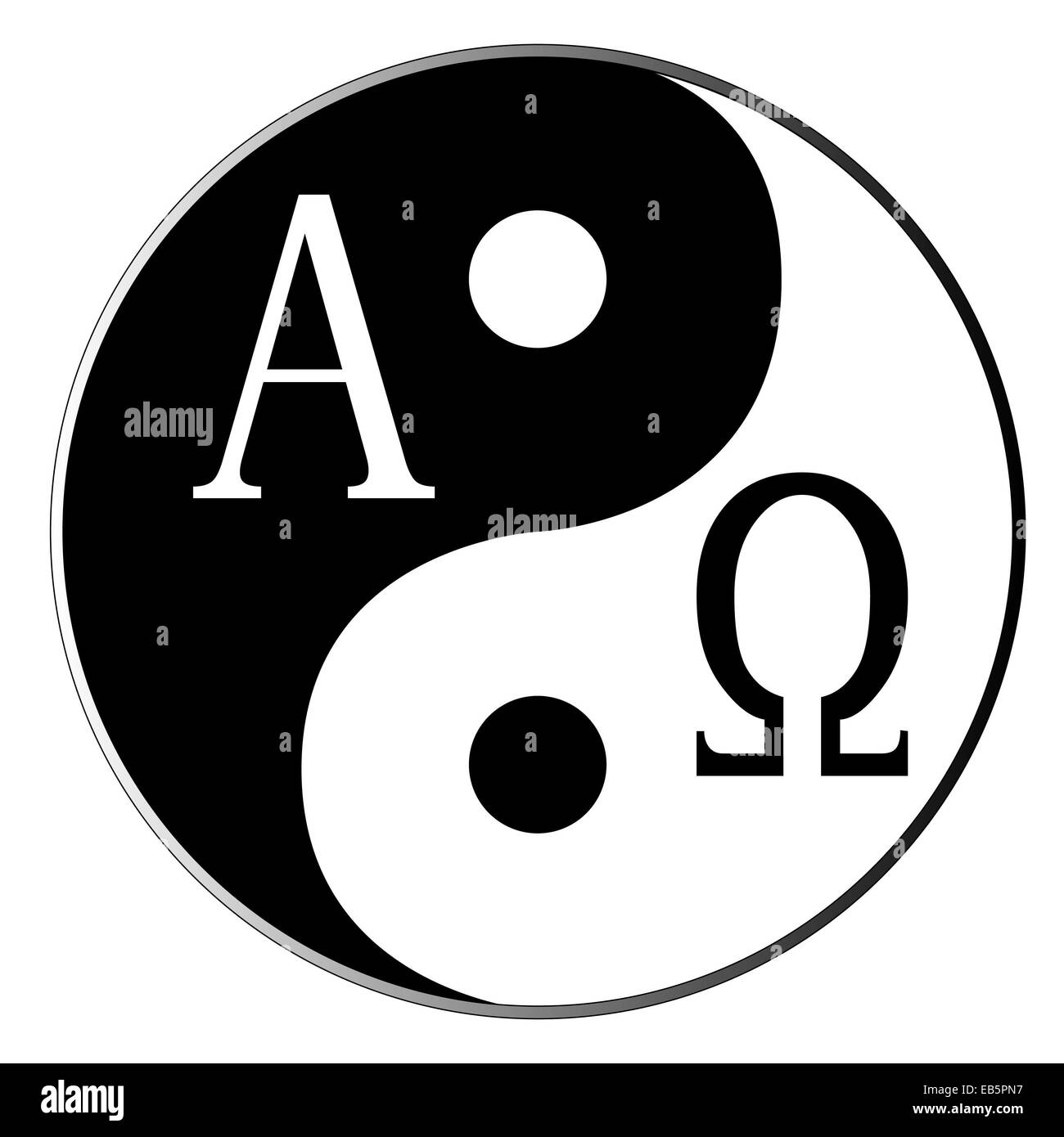 Yin and Yang and Alpha Omega combined over white Stock Photo