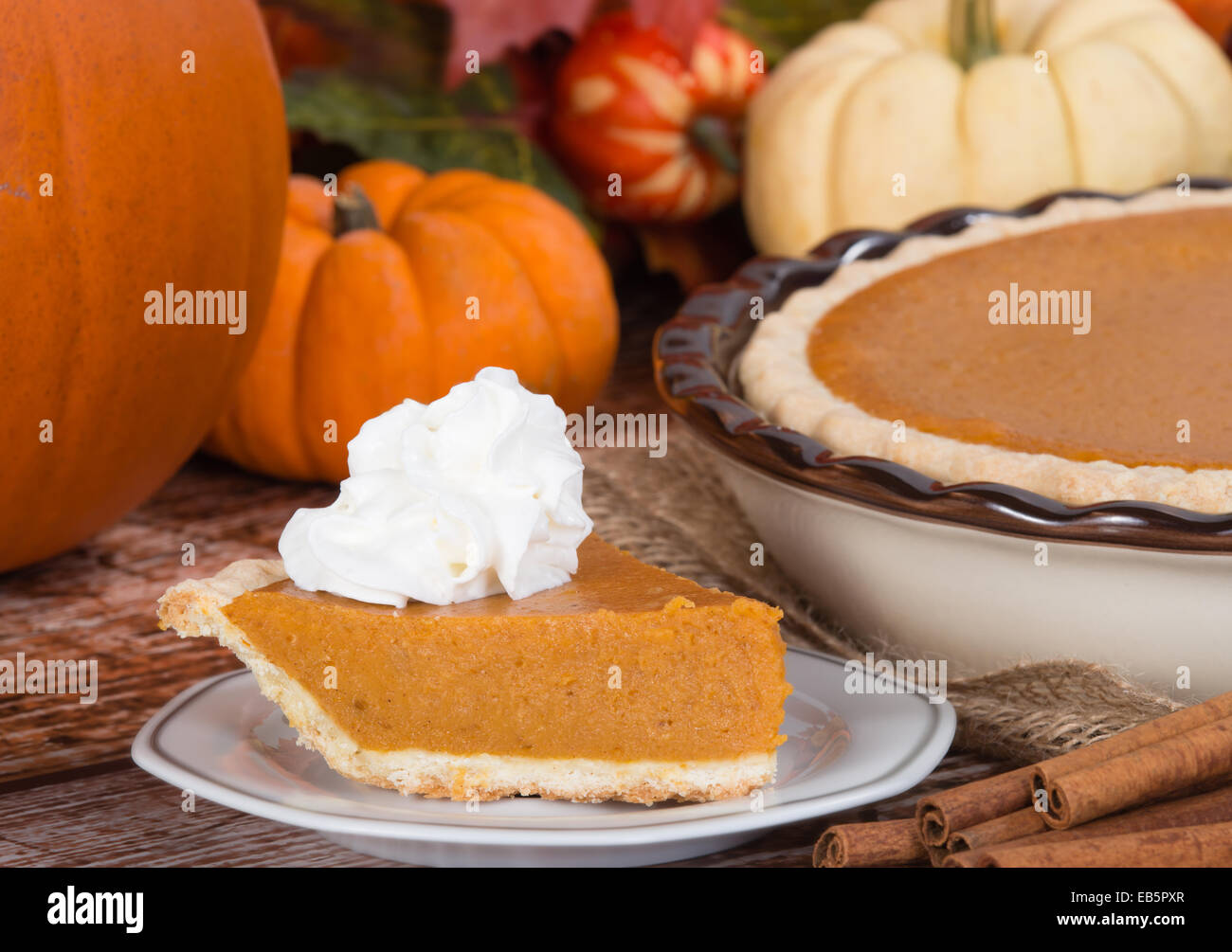 Slice of a pumpkin pie with whipped cream on wooden table. Pie and pumpkins on the background. Stock Photo