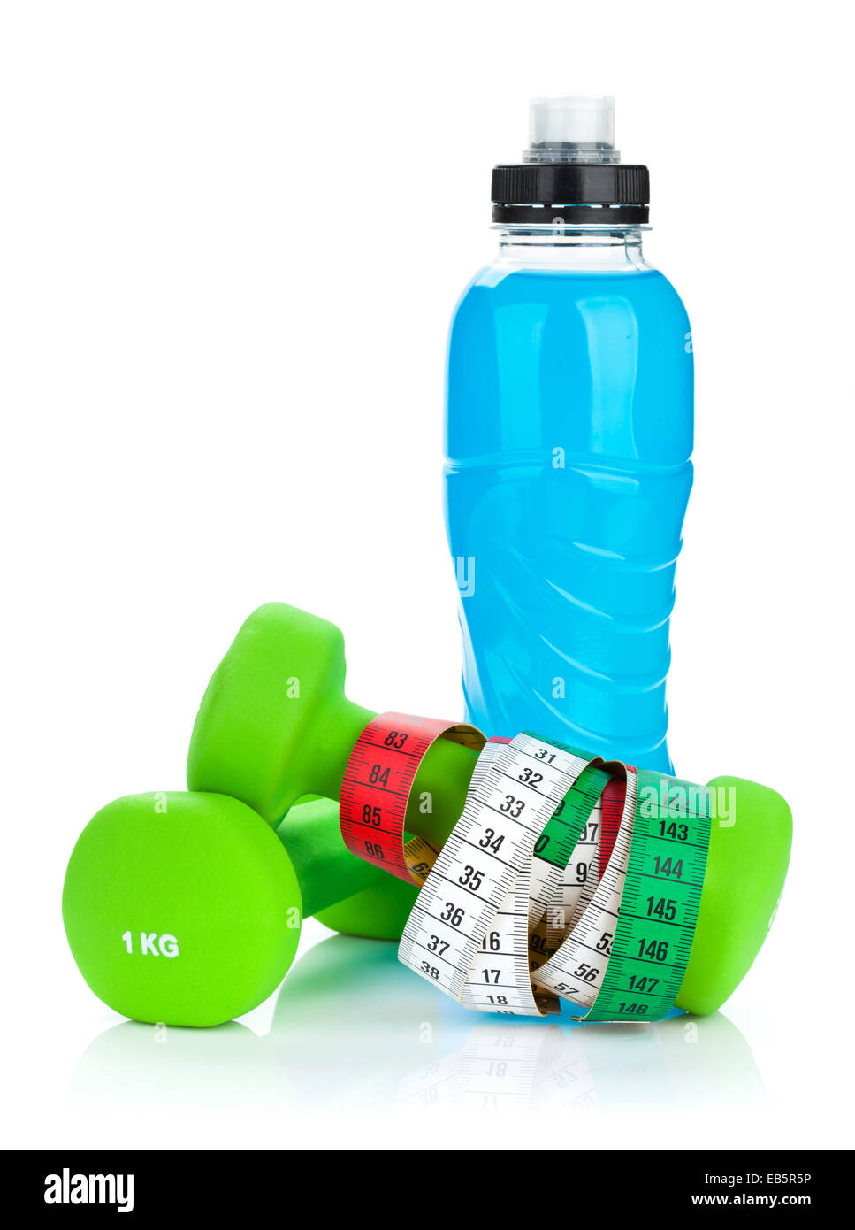 Two green dumbells, tape measure and drink bottle. Fitness and health