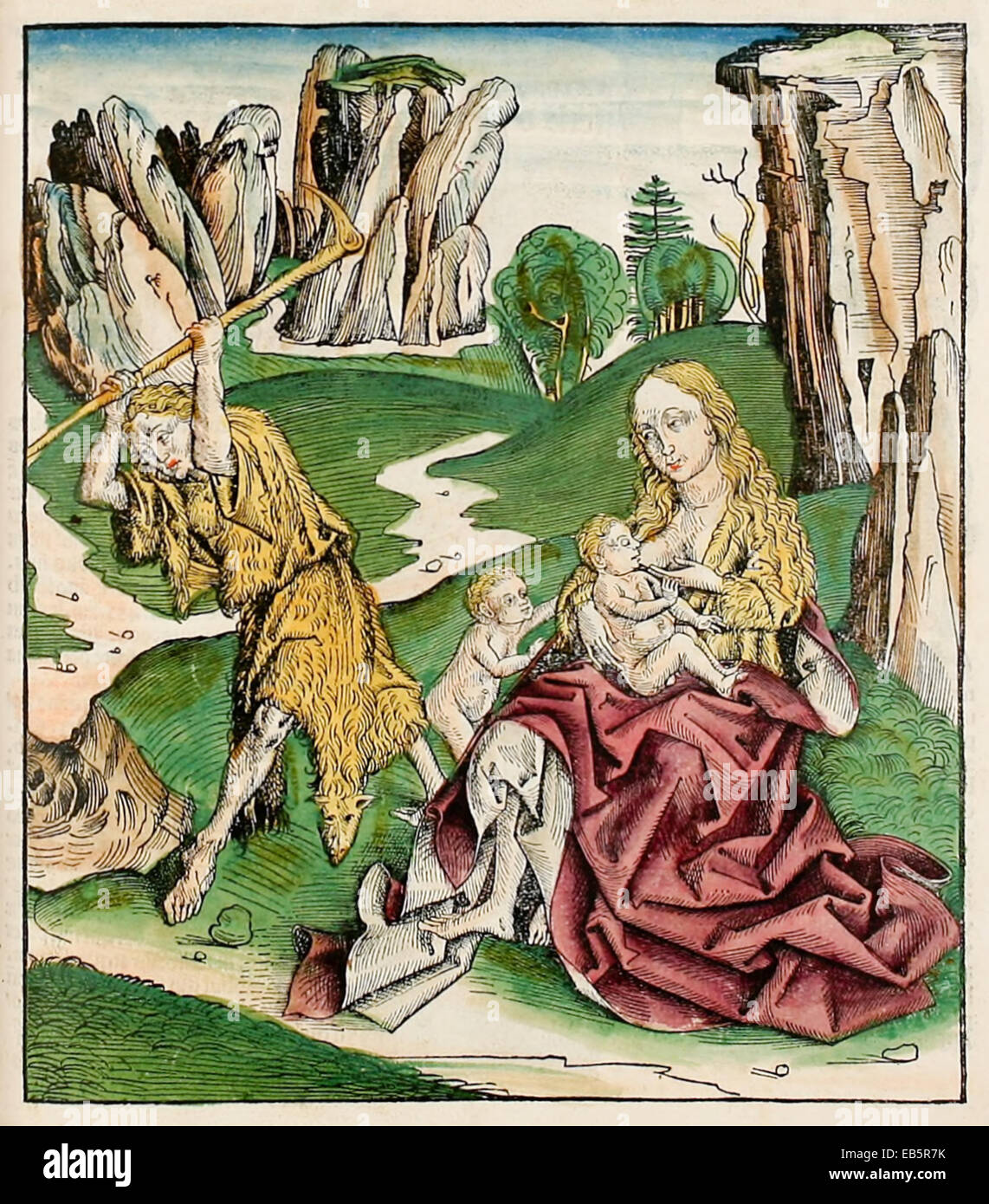 Adam works hard as Eve suckles Cain and Abel after the expulsion from Eden. From 'Nuremberg Chronicle' or 'Liber Chronicarum' by Hartmann Schedel (1440-1514). See description for more information. Stock Photo
