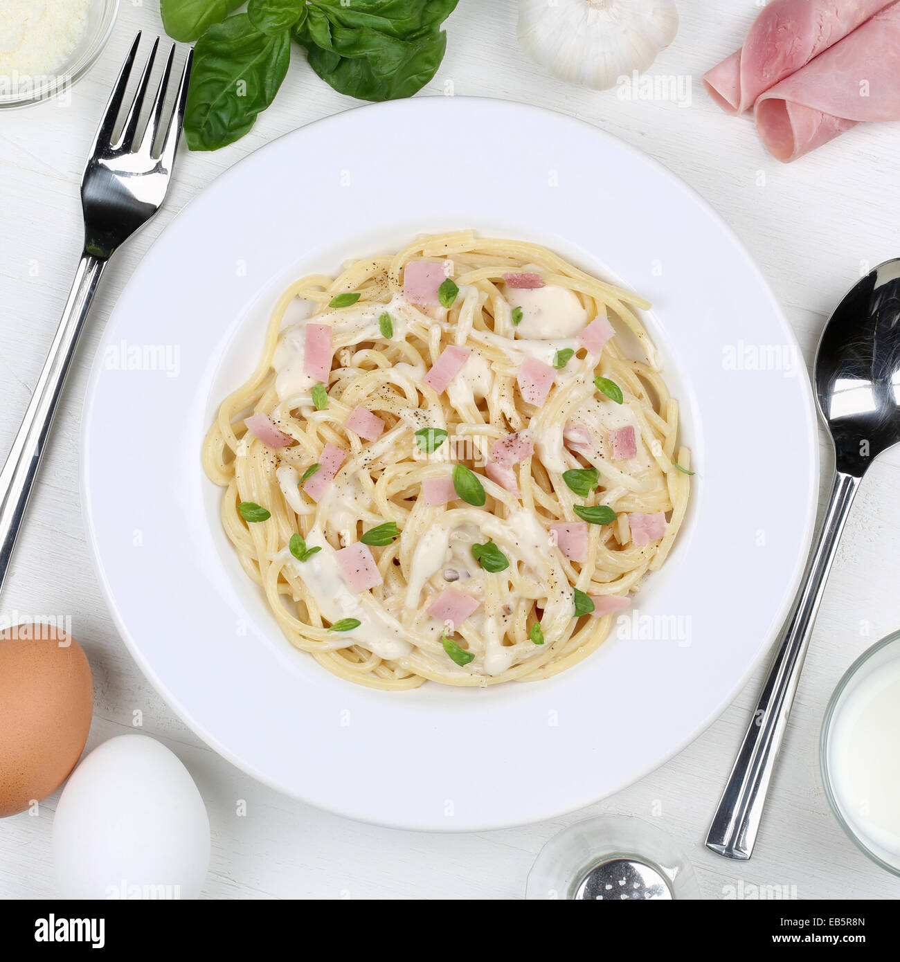 Spaghetti Carbonara pasta meal on a plate from above Stock Photo