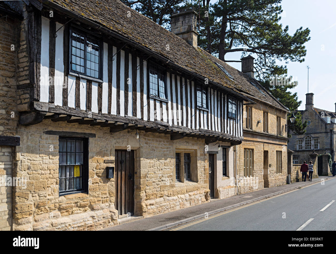 Half timbered black and white Cotswold stone house, Northleach, Oxfordshire, Cotswolds, UK Stock Photo
