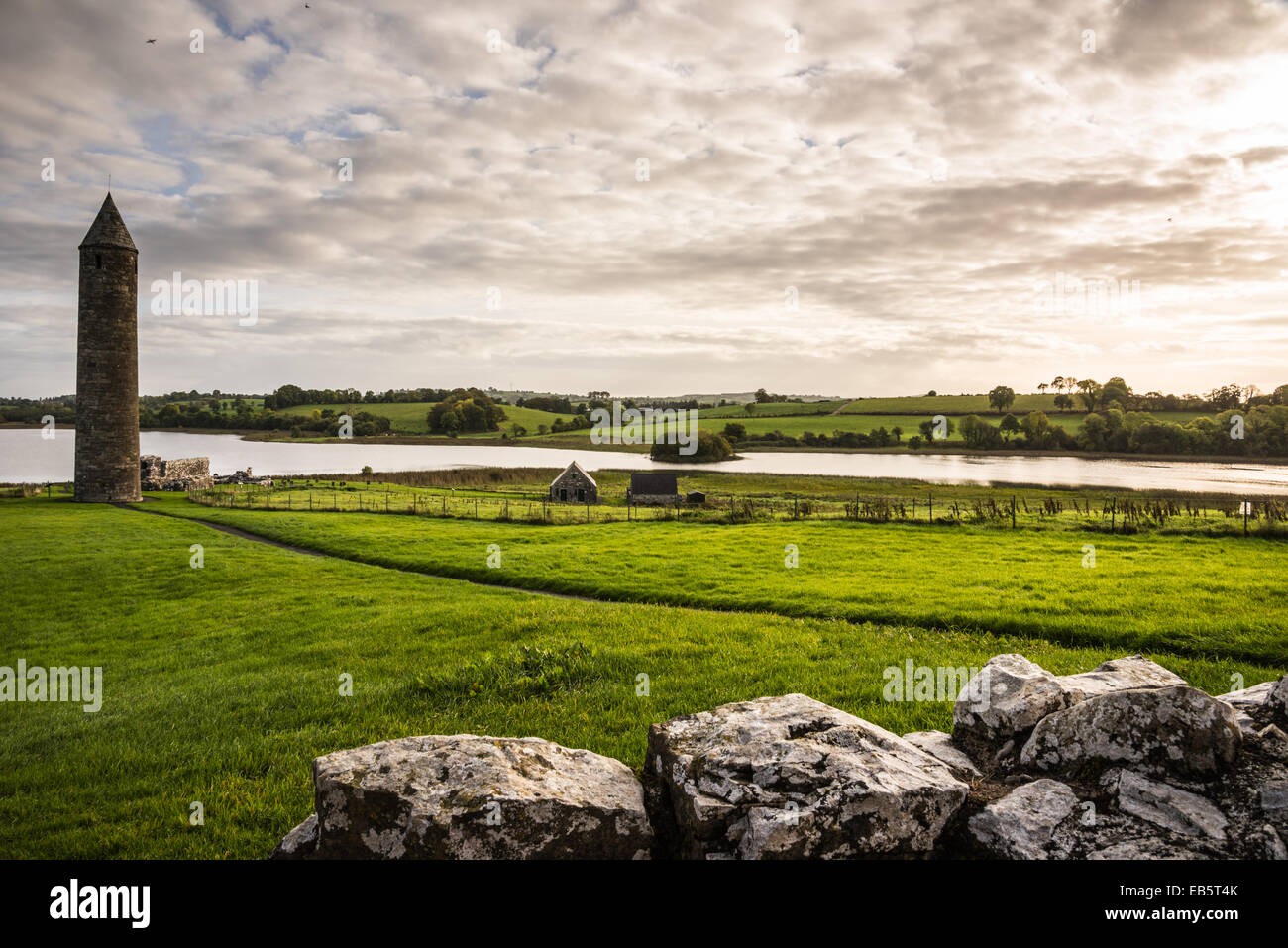 Round Tower, St Mary's Augustinian Priory, Devenish Island, County Fermanagh, Northern Ireland. Stock Photo