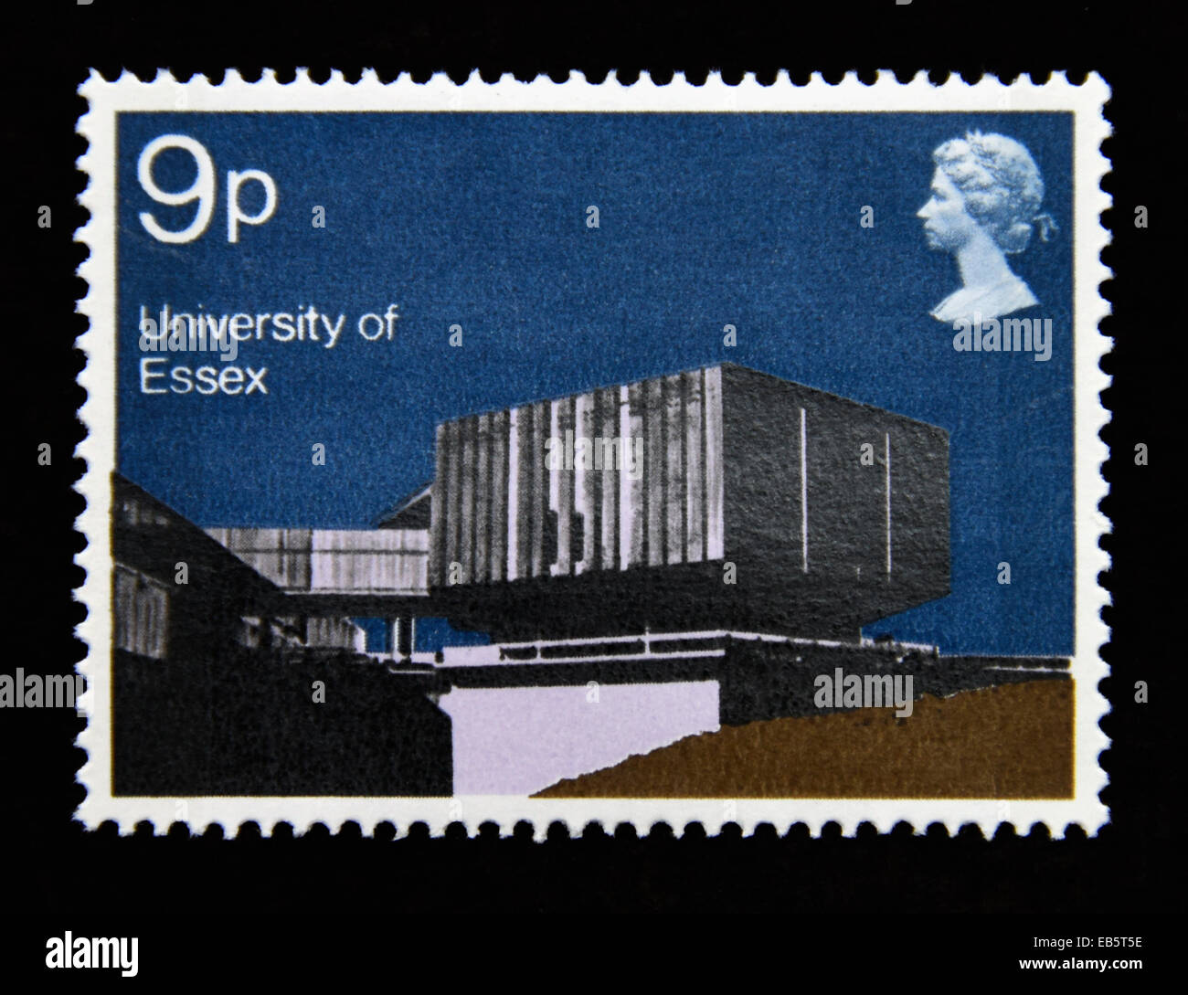 Postage stamp. Great Britain. Queen Elizabeth II. British Architecture. Modern University Buildings. University of Essex. Stock Photo