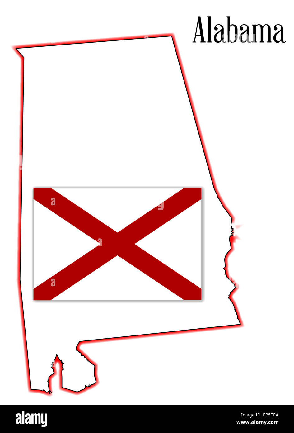State map outline of Alabama over a white background with state flag ...