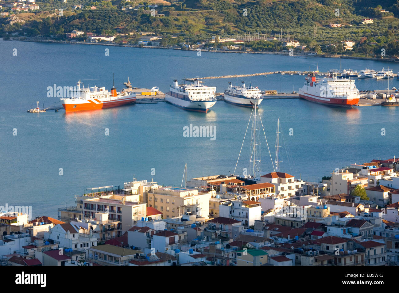 Zakynthos Town, Zakynthos, Ionian Islands, Greece. View from Bochali over city rooftops to the harbour. Stock Photo
