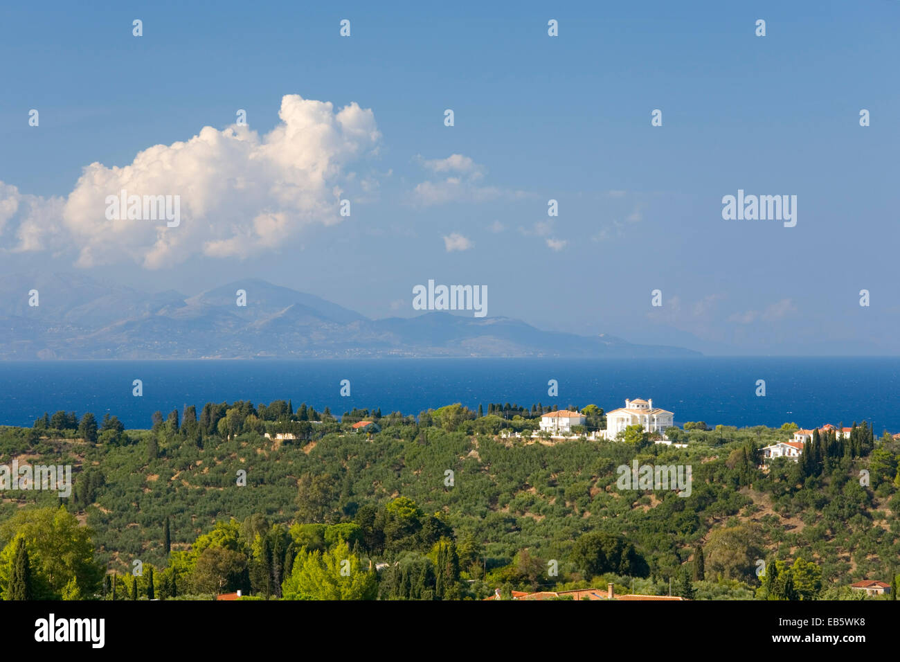Zakynthos Town, Zakynthos, Ionian Islands, Greece. View from Bochali across the Ionian Sea to distant Kefalonia. Stock Photo