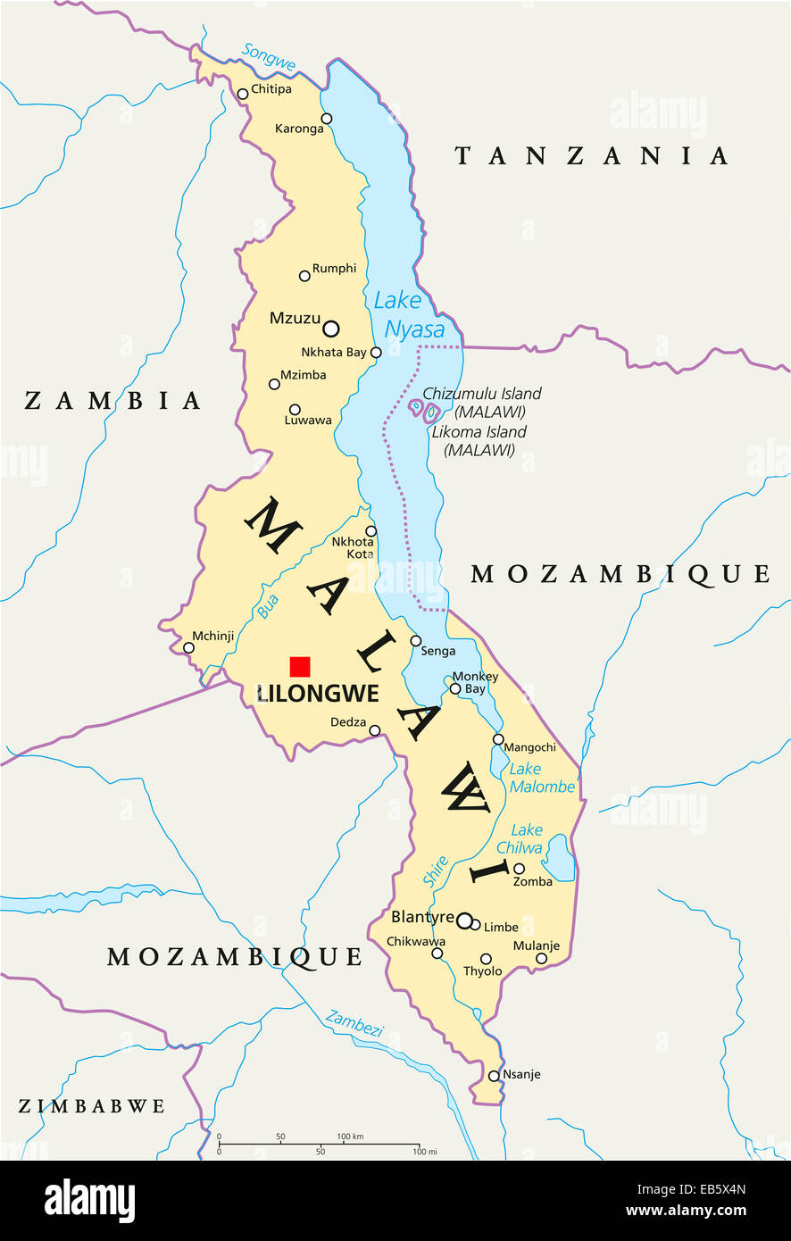 Malawi Political Map with capital Lilongwe, national borders, important cities, rivers and lakes. English labeling and scaling. Stock Photo