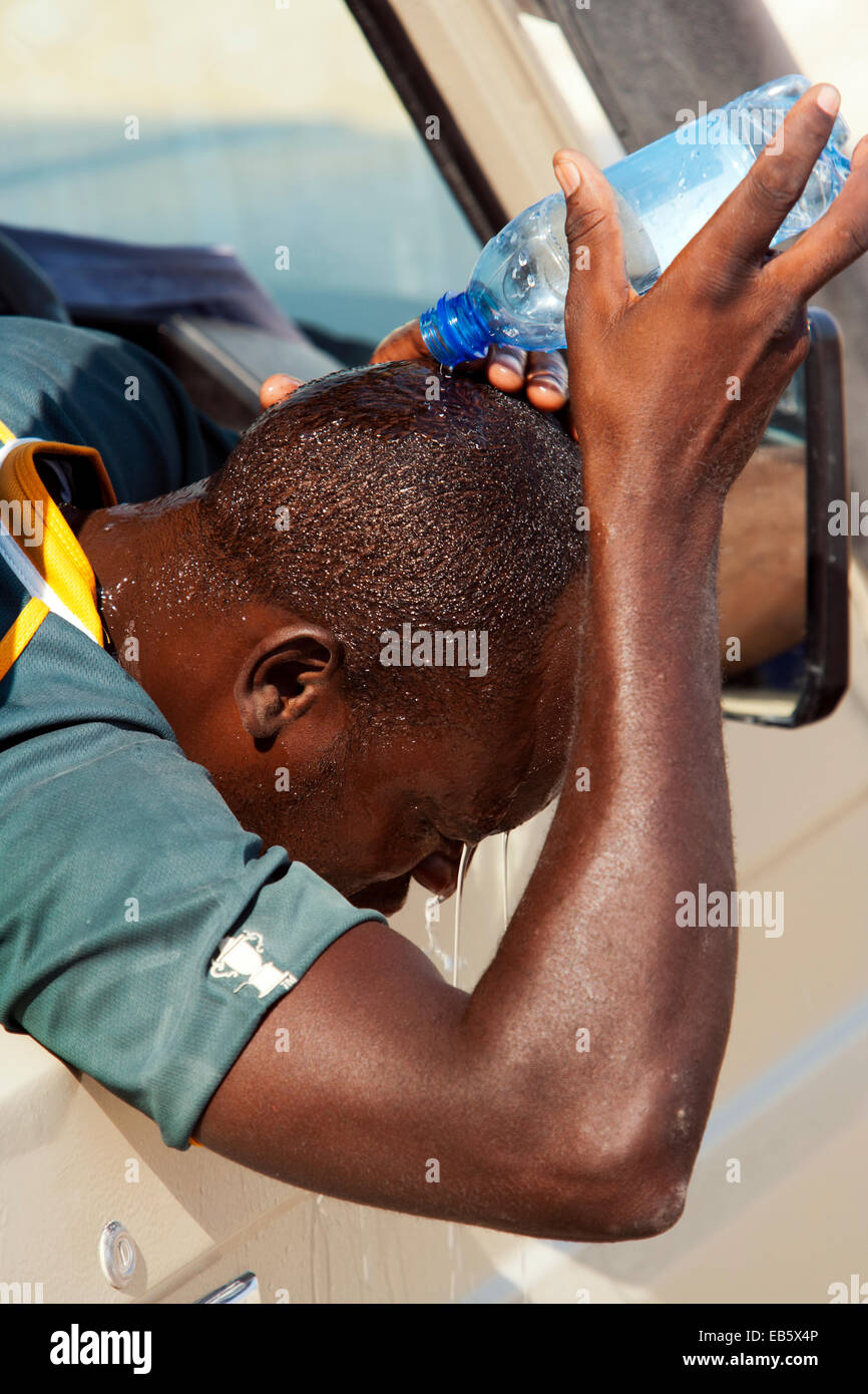 Driver cooling off in Etosha National Park - Namibia, Africa Stock Photo