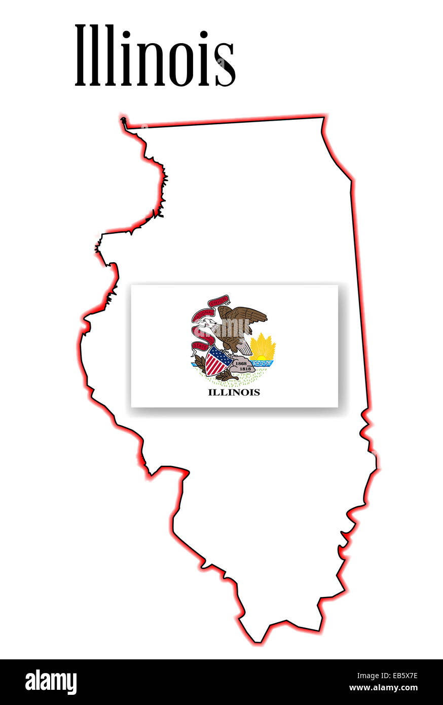 Outline map of the USA state of Illinois over a white background with flag inset Stock Photo