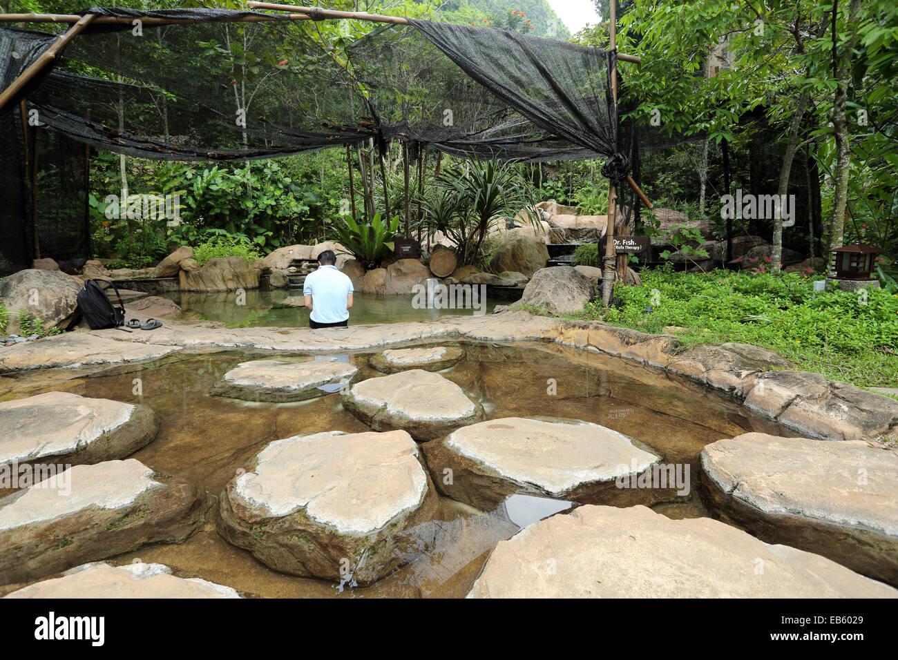 A man dips his feet in a pool with garra rufa fish at the Banjaran Hotspring Retreat near Ipoh, Malaysia. The luxury resort has Stock Photo