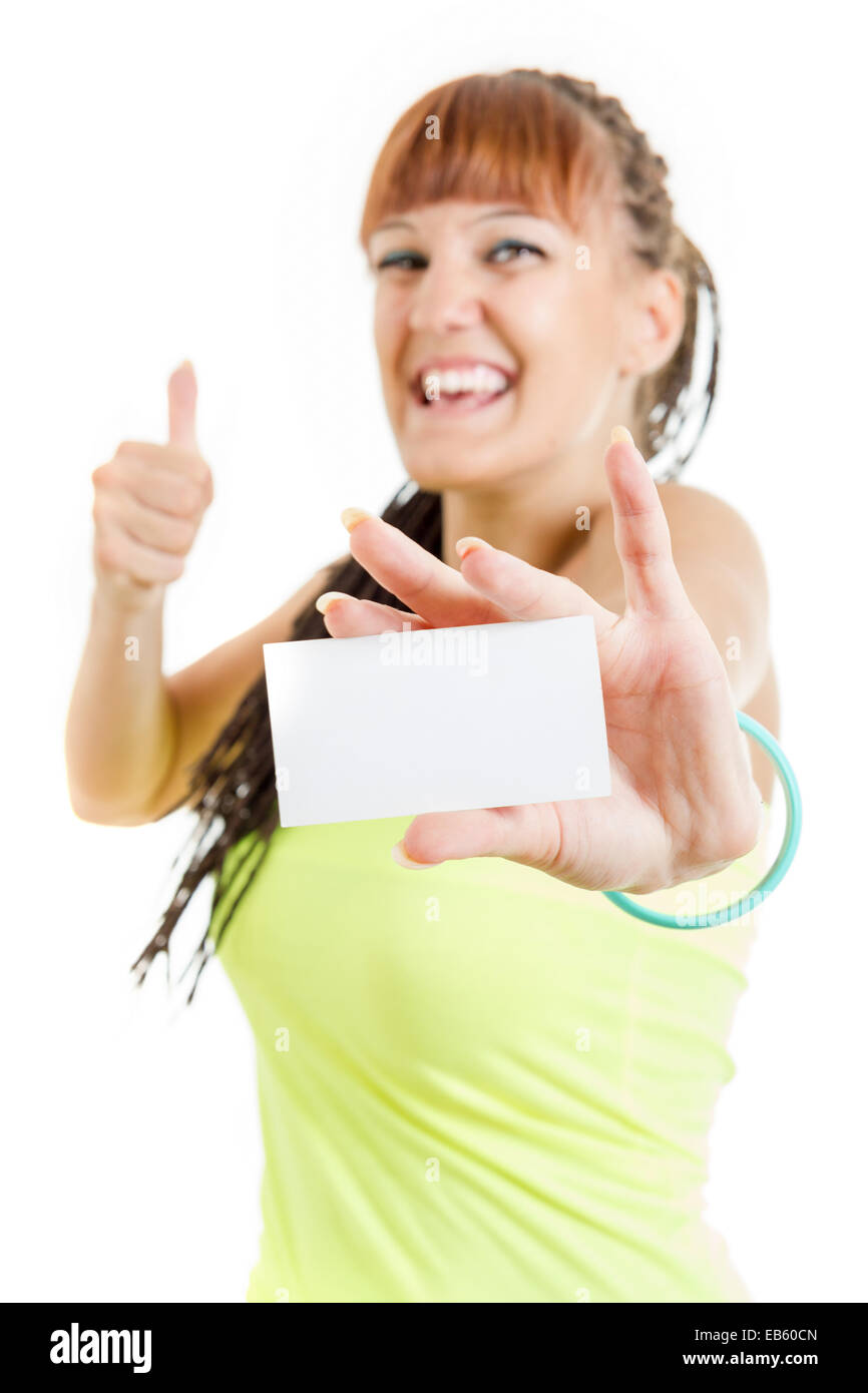 Gift Card Happy Cute Smiling Woman Or Teenager Girl Showing Empty 