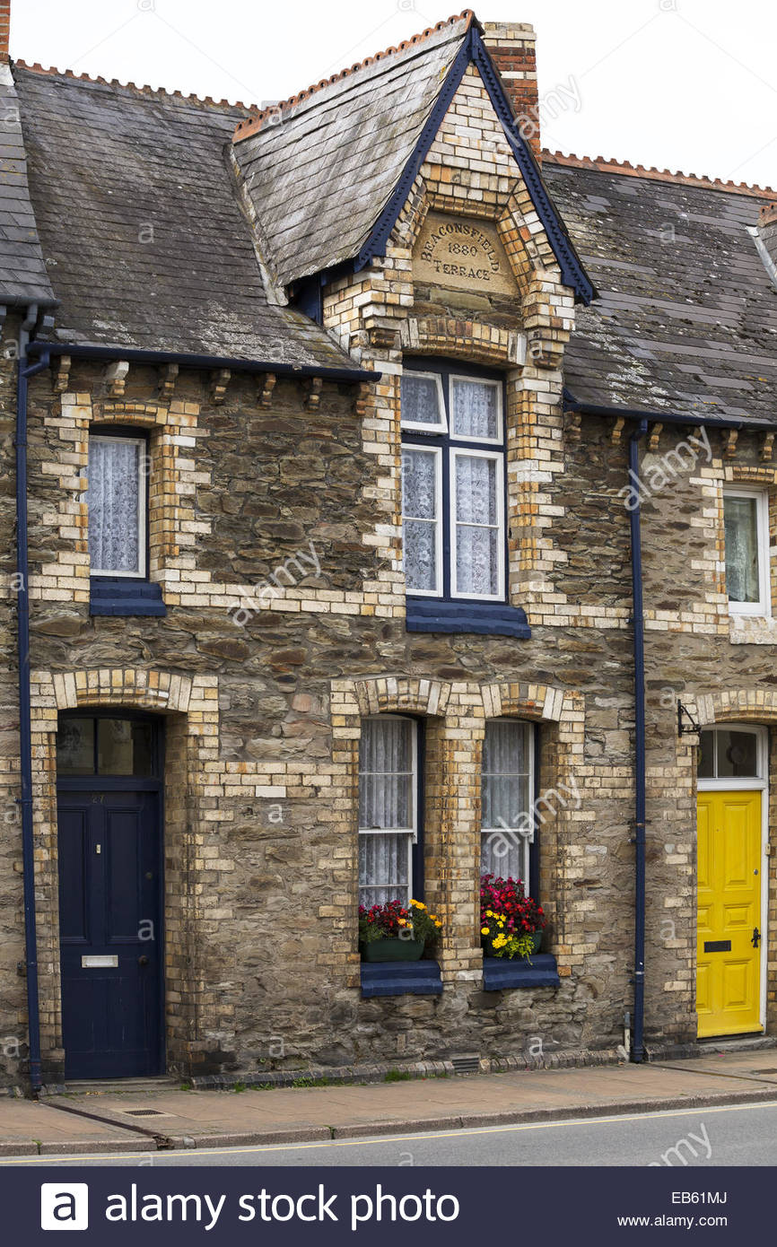 Brick and stone terraced houses with no front garden, Ilfracombe, Devon Stock Photo