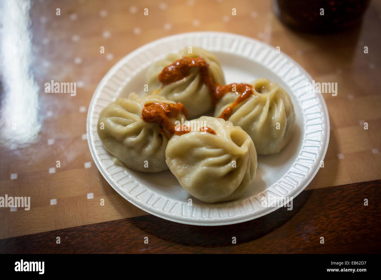 A serving of Tibetan momos in a restaurant in the Jackson Heights