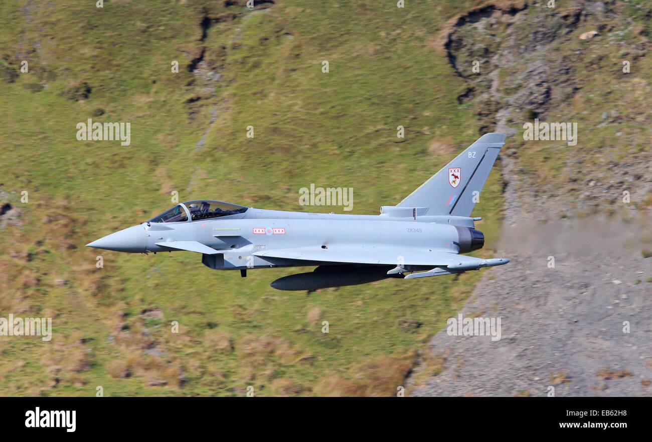 A low flying RAF Eurofighter Typhoon, of 29 Squadron, photographed in Wales, United Kingdom, in October, 2014. Stock Photo