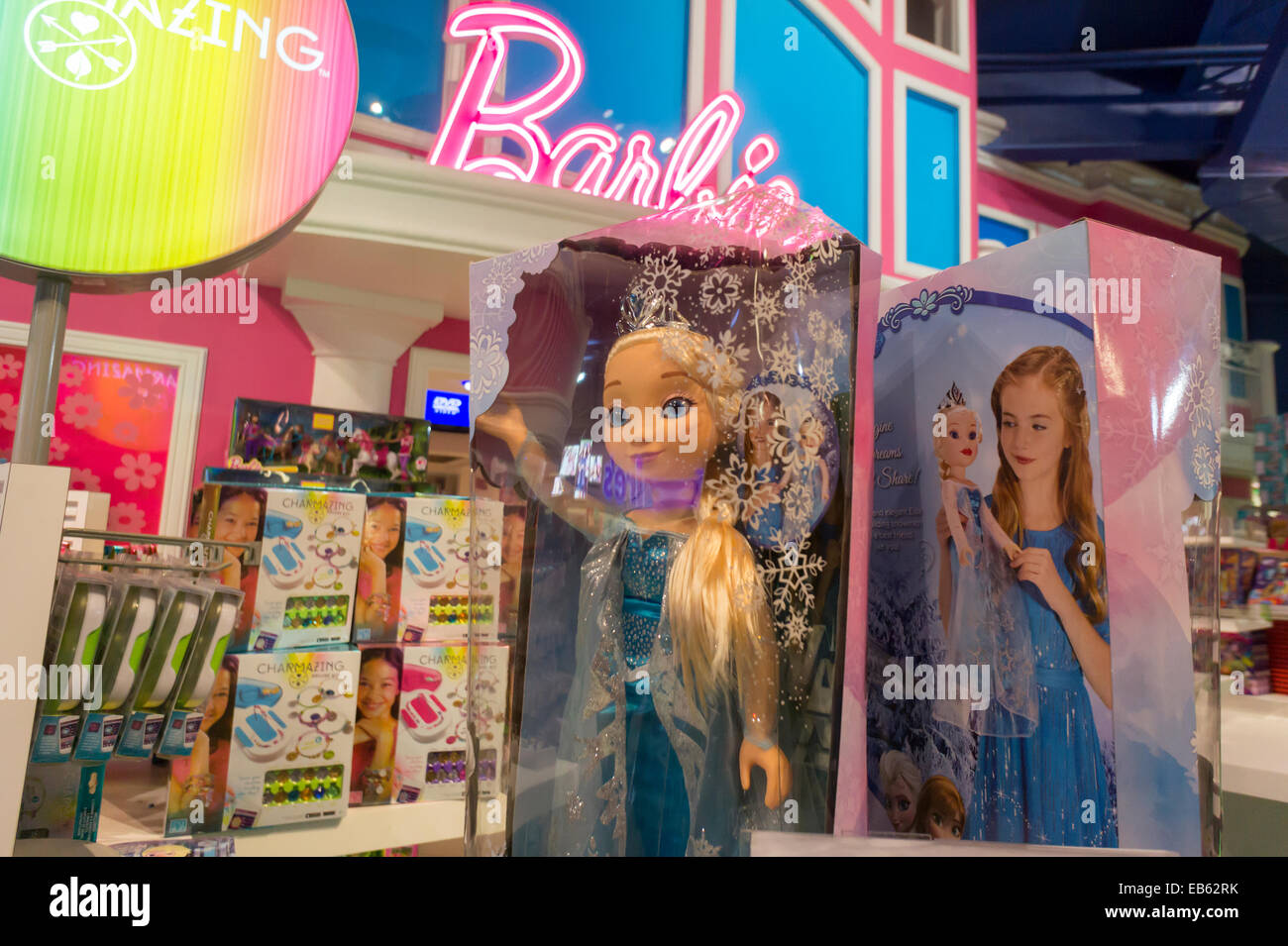 Disney's Frozen merchandise is seen in front of the Barbie display at Toys  R Us in Times Square in New York Stock Photo - Alamy