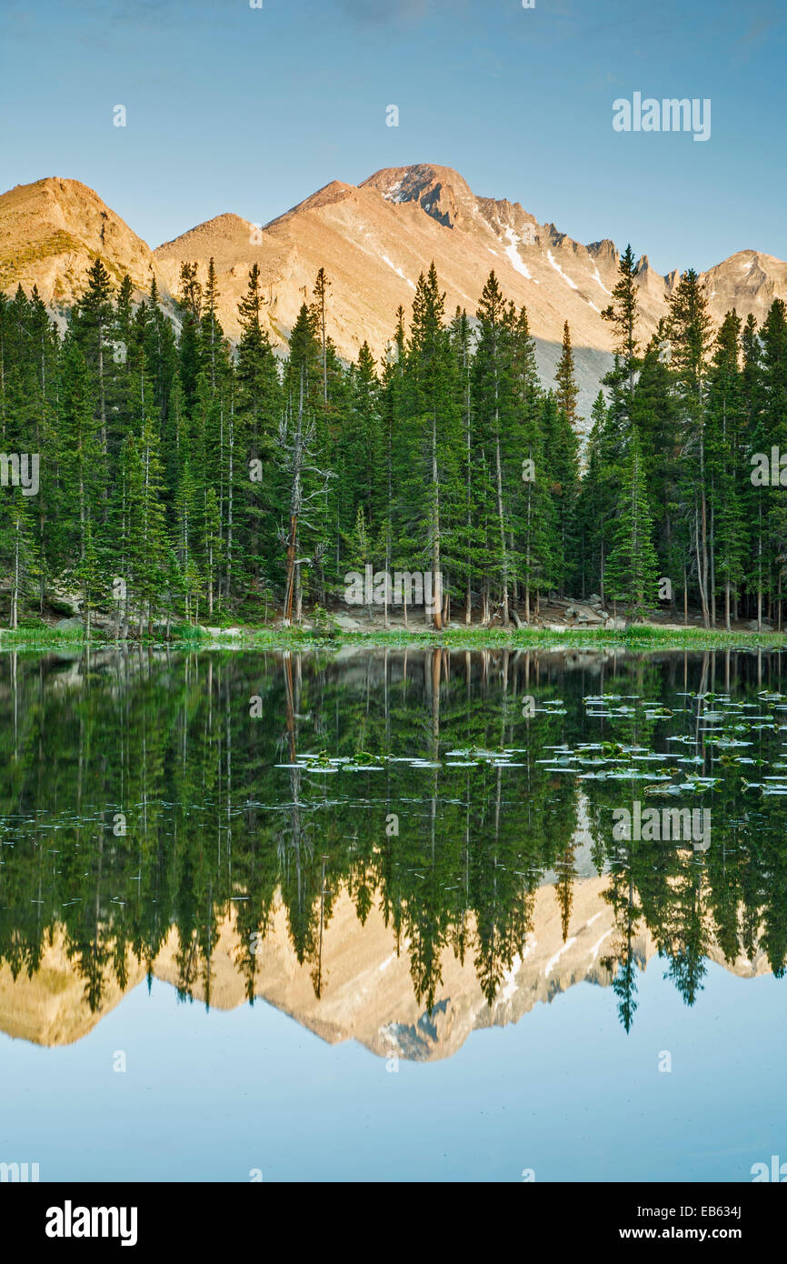 Nymph Lake and Longs Peak (14,255 ft.), Rocky Mountain National Park, Colorado USA Stock Photo