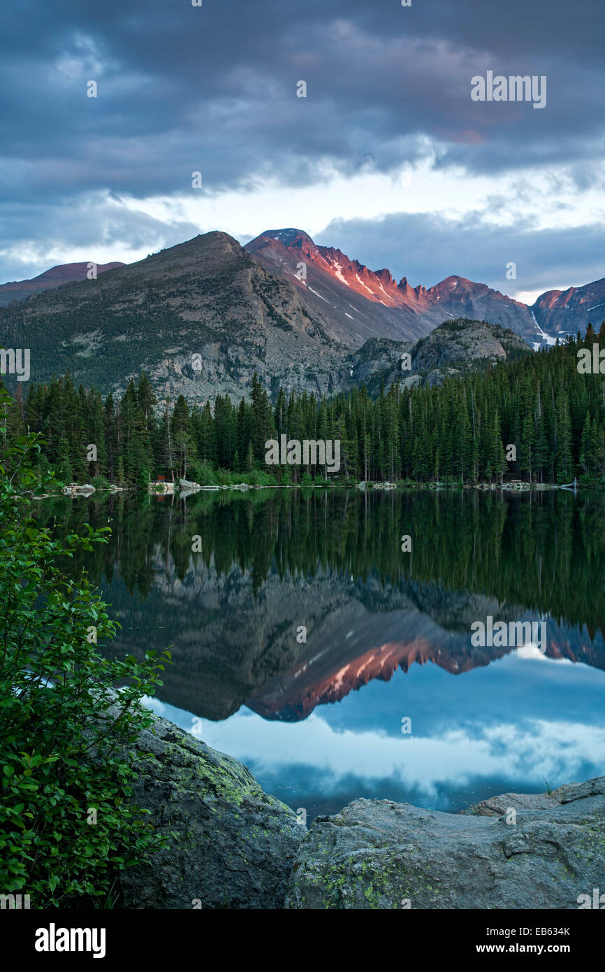 Bear Lake and Longs Peak (14,255 ft.), Rocky Mountain National Park, Colorado USA Stock Photo