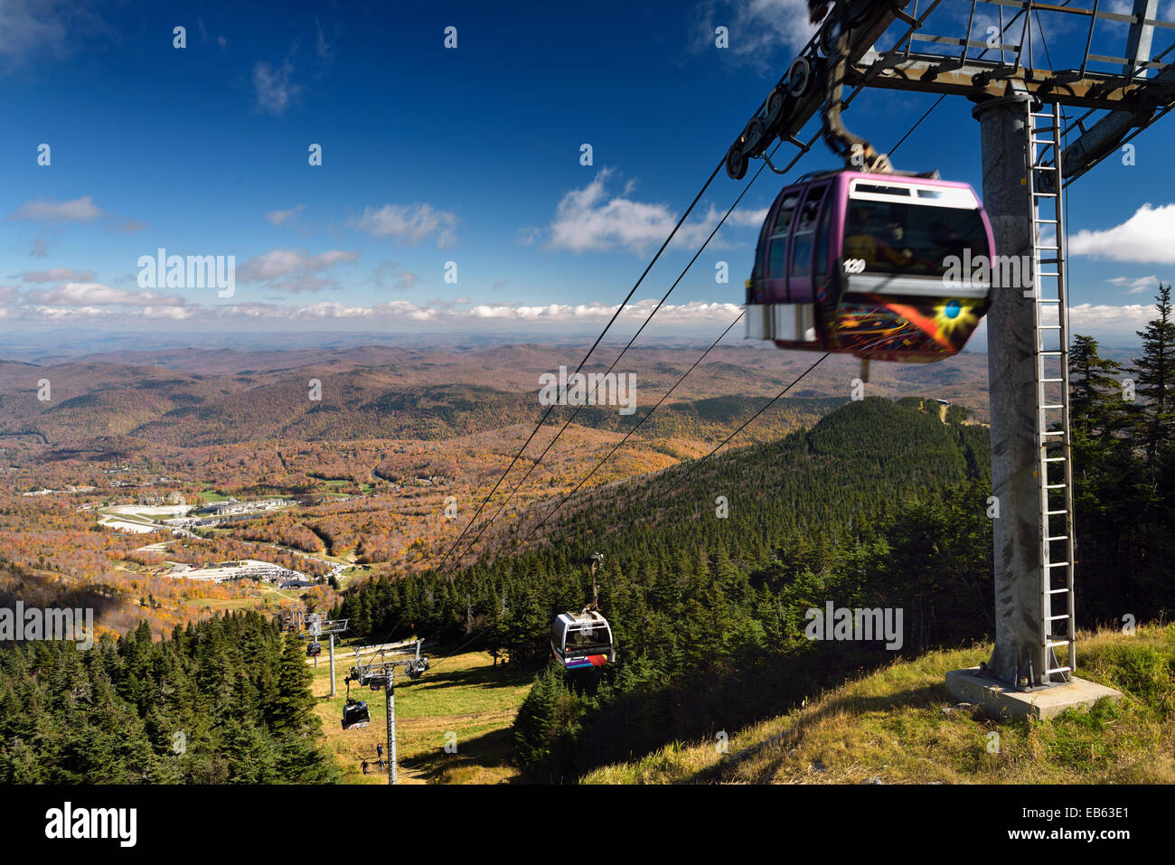 Express Gondola at Killington Mountain Resort in Fall with hikers K1 lodge and Golf course Vermont USA Stock Photo