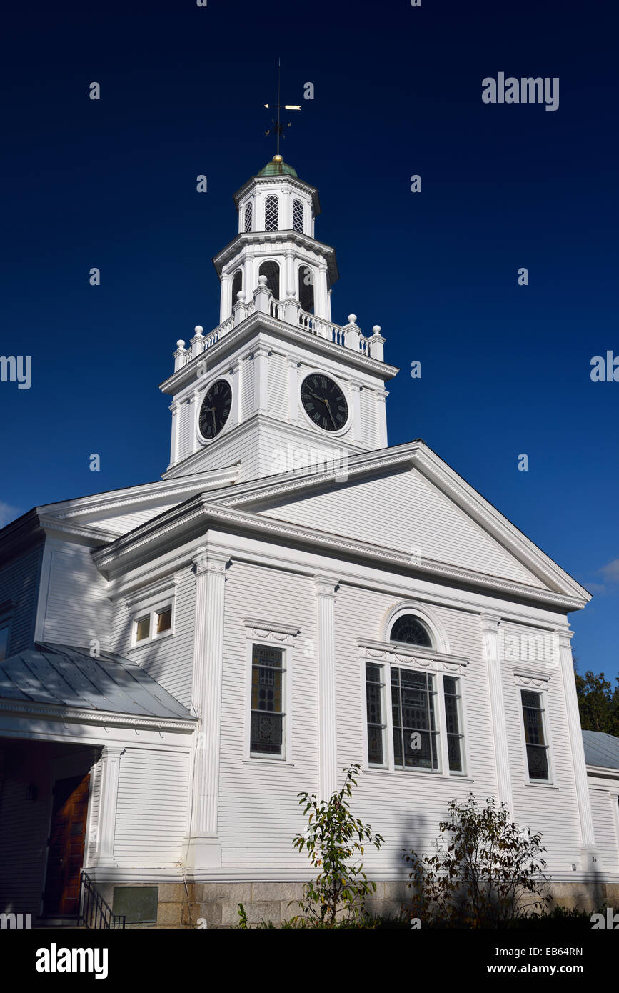 White First Congregational Church against blue sky in Woodstock Vermont