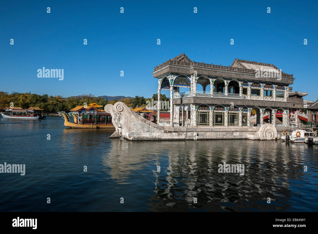 The stone boat was made in 1755, Qing dynasty, repaired in 1893, Summer Palace, Beijing Stock Photo