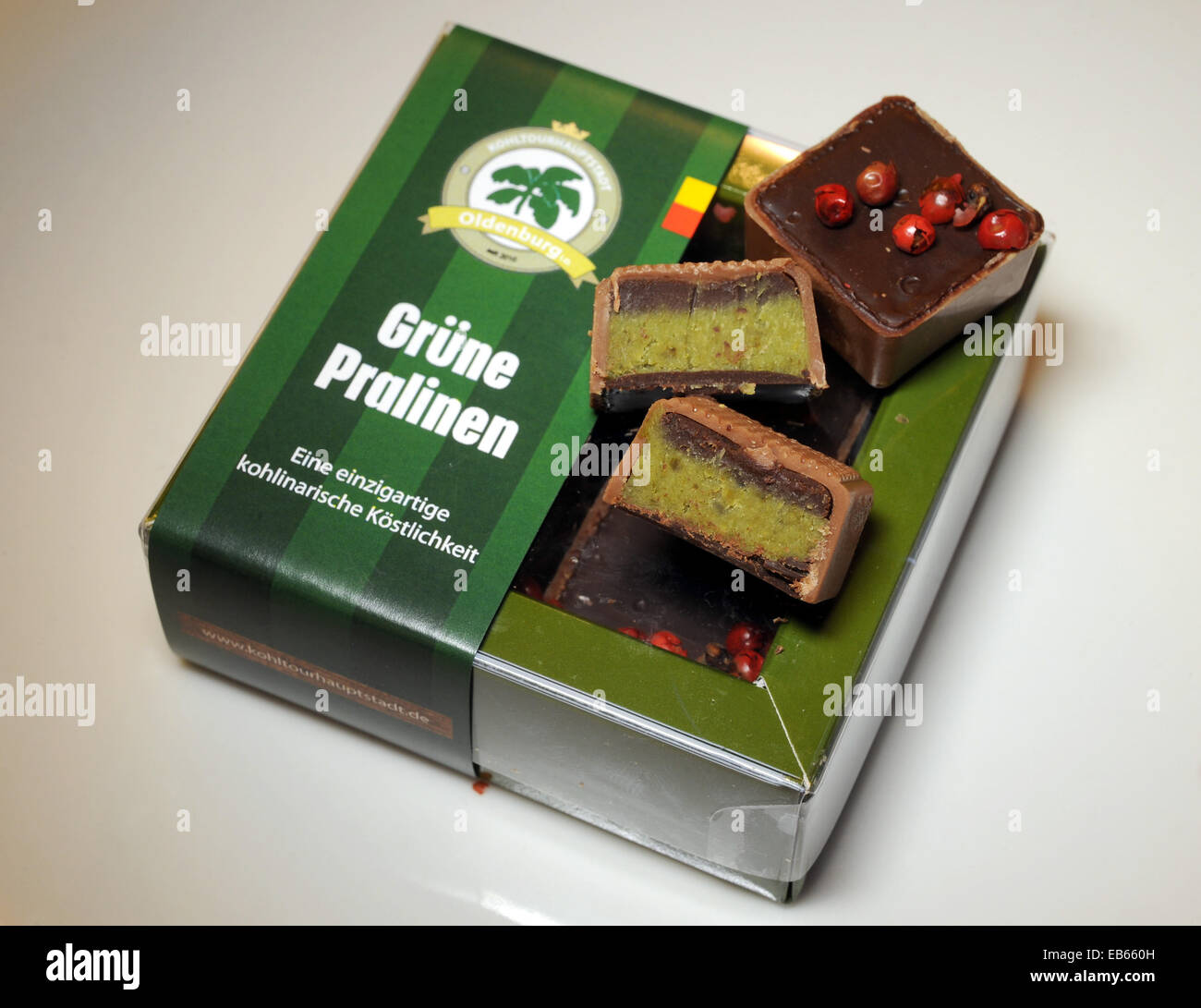Oldenburg, Germany. 19th Nov, 2014. Chocolates filled with green cabbage on a box that reads 'Green Chocolates' at Cafe Klinge in Oldenburg, Germany, 19 November 2014. Photo: INGO WAGNER/dpa/Alamy Live News Stock Photo
