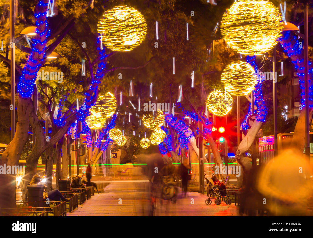 Christmas lights on Las Ramblas outside El Corte Ingles department store in Las Palmas, the capital of Gran Canaria. Stock Photo