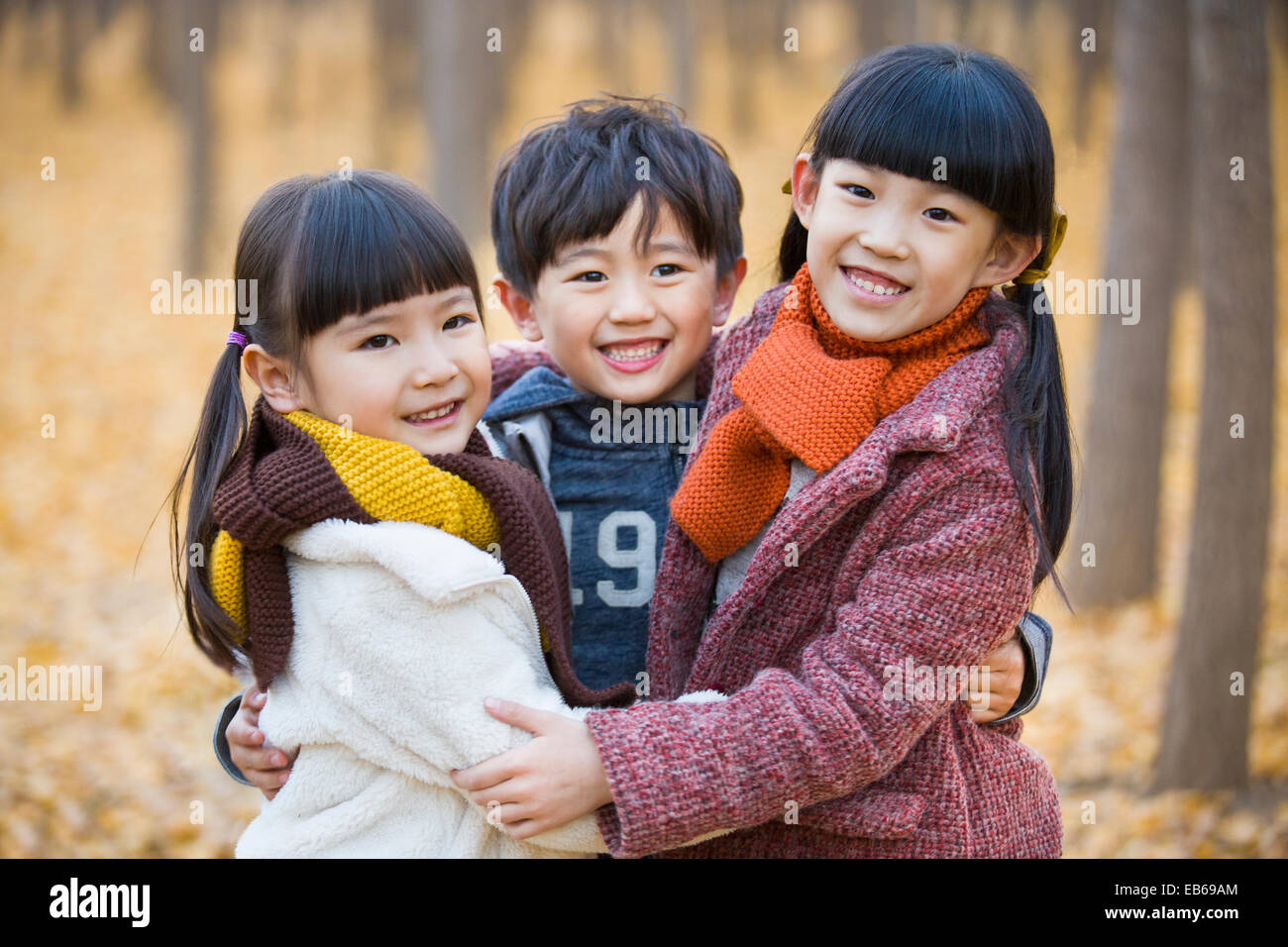 Three children embracing in autumn woods Stock Photo - Alamy