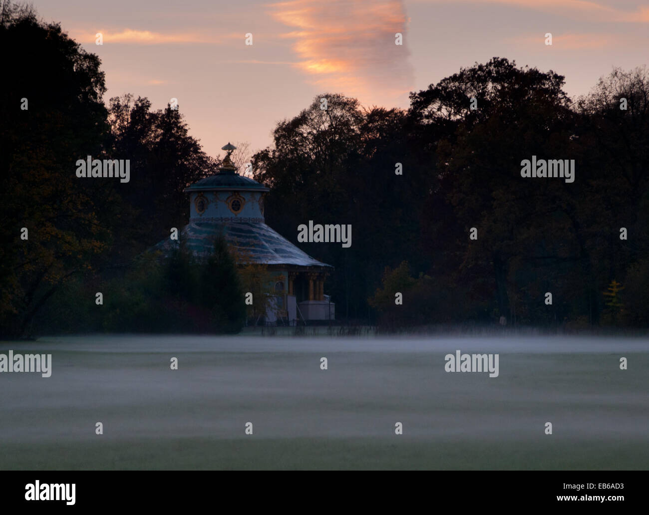 Chinesisches Haus pavilion in Park Sanssouci, Potsdam, fog, autumn Stock Photo