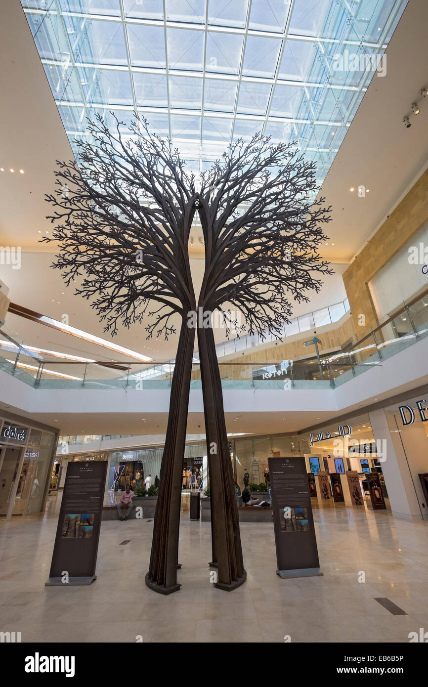 Tree sculpture inside new Yas Mall shopping centre on Yas Island in Abu