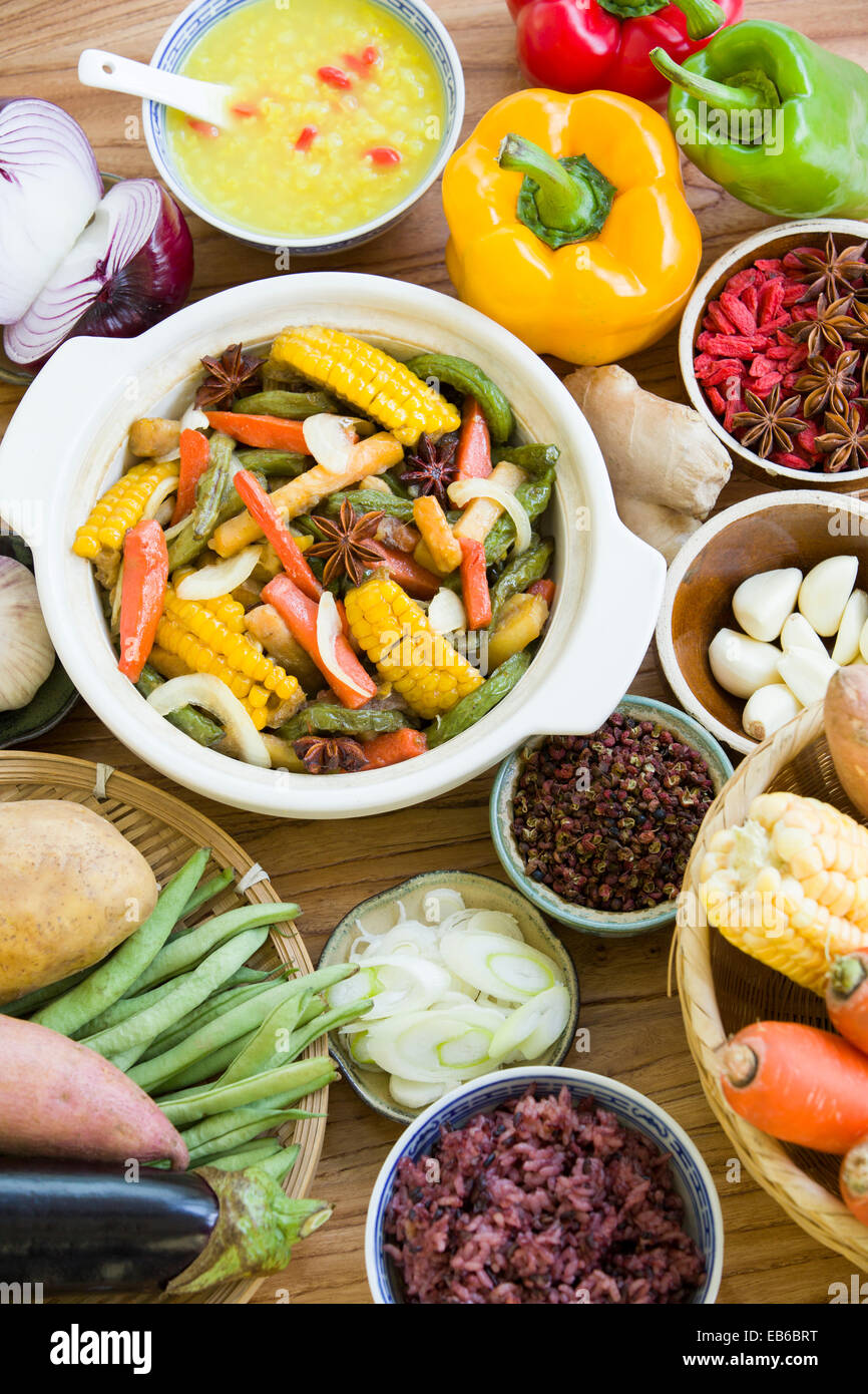 Assorted vegetables and cooked vegetable dish Stock Photo Alamy