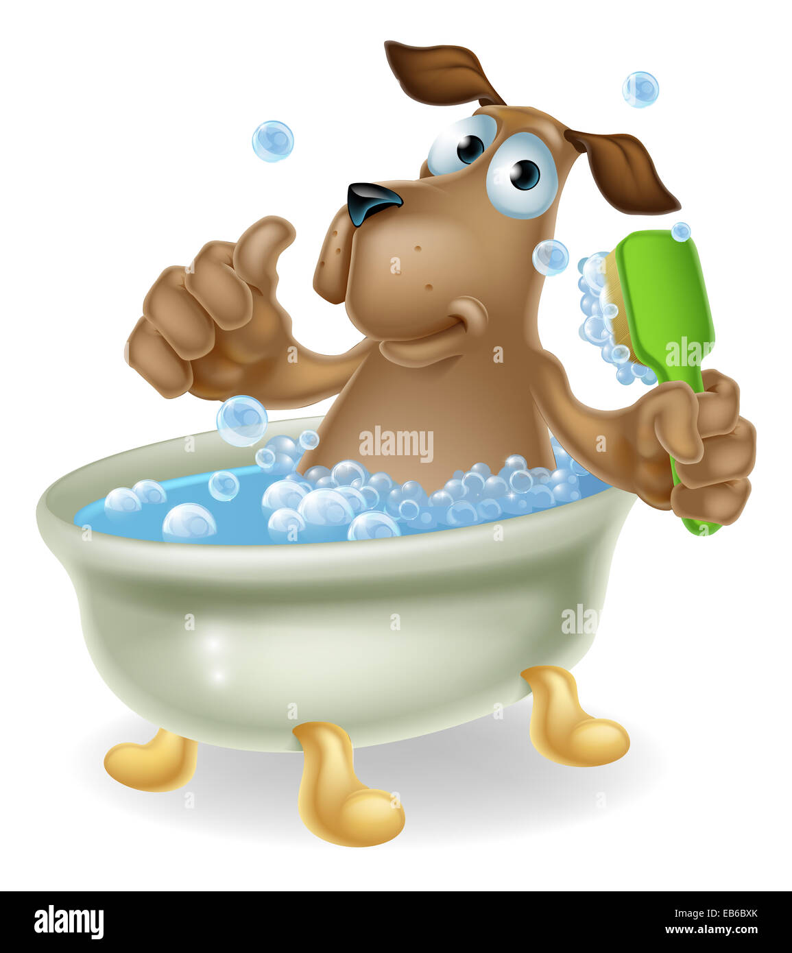 Dog grooming concept of cartoon dog character having a bath doing a thumbs up and scrubbing his back Stock Photo